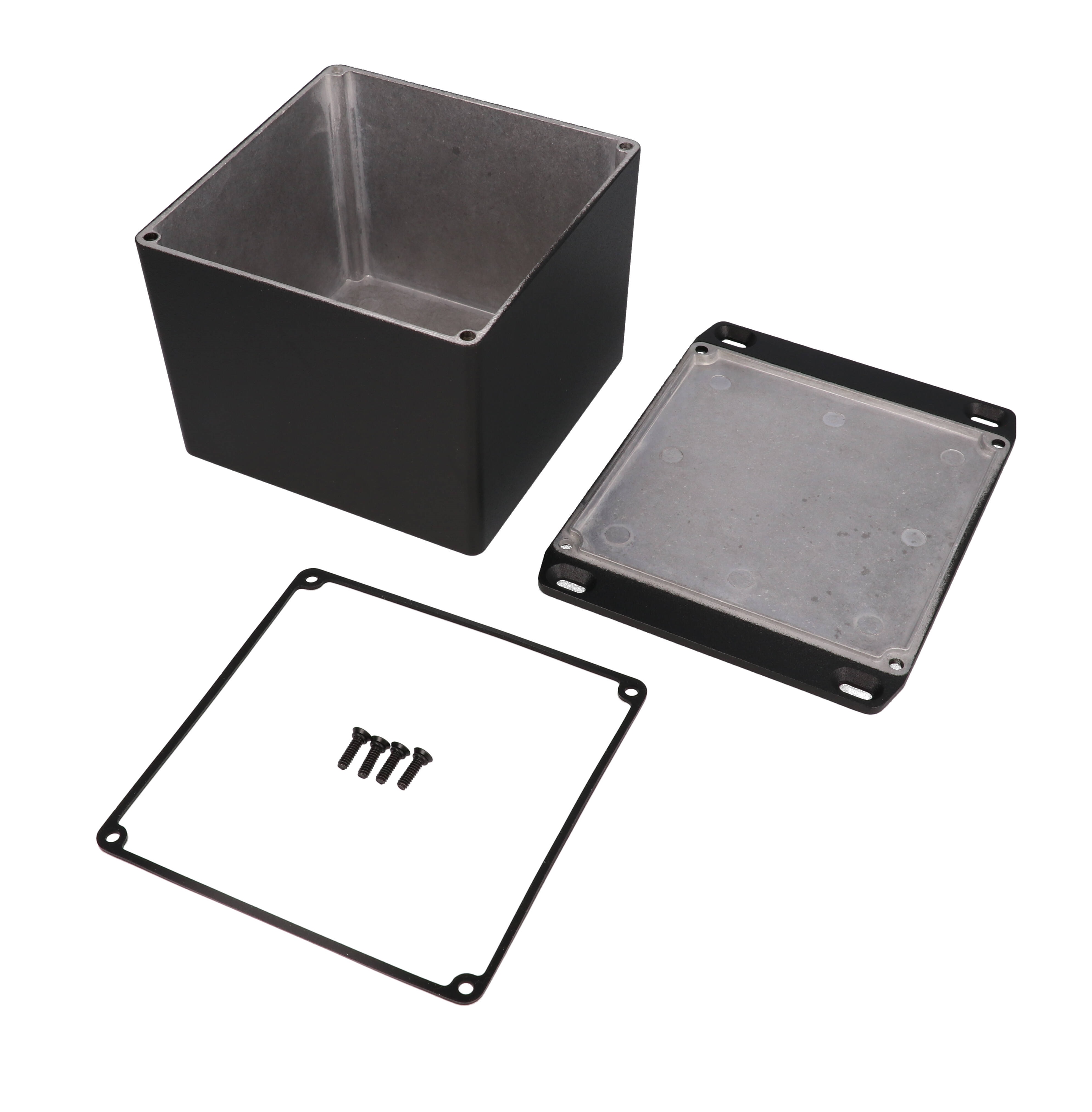 1590WVFLBK black textured watertight diecast aluminum enclosure with flanged mounting lid, 119 mm x 120 mm x 94 mm