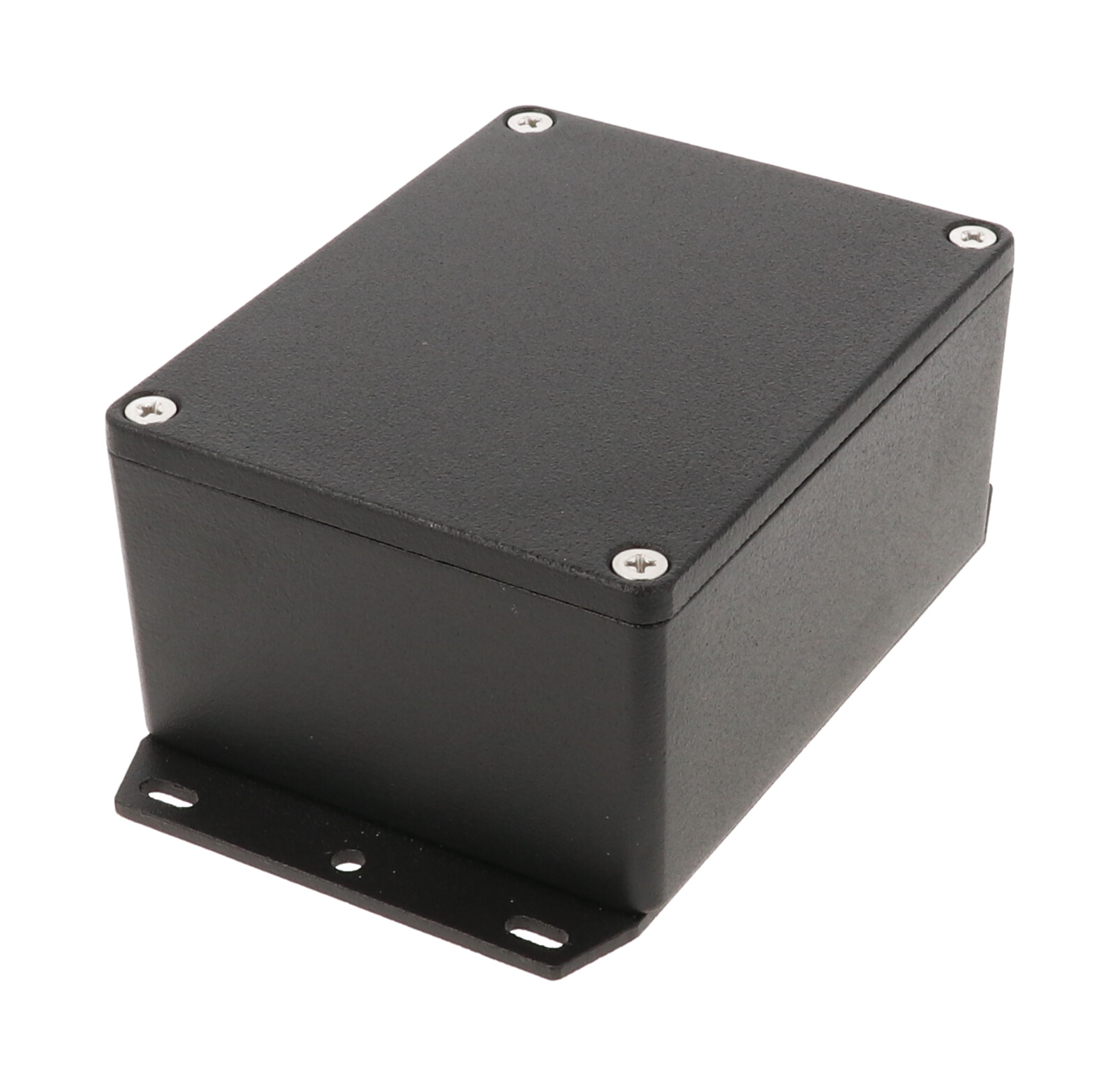 1550Z113FBK textured black watertight diecast enclosure with flanged base and screw-down lid, 142x90x58 mm
