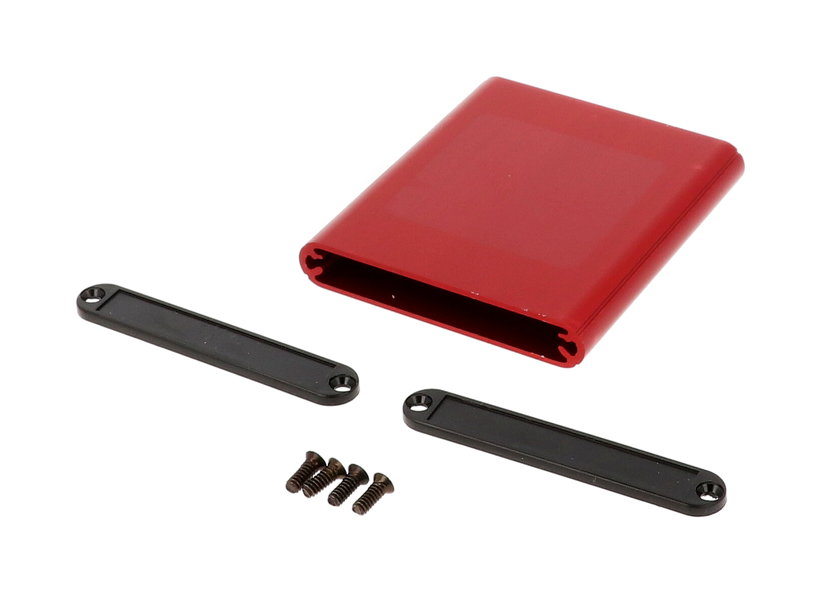 1455A802RD red anodized extruded aluminum PC board enclosure, 80 x 70 x 12 mm, with black plastic end panels