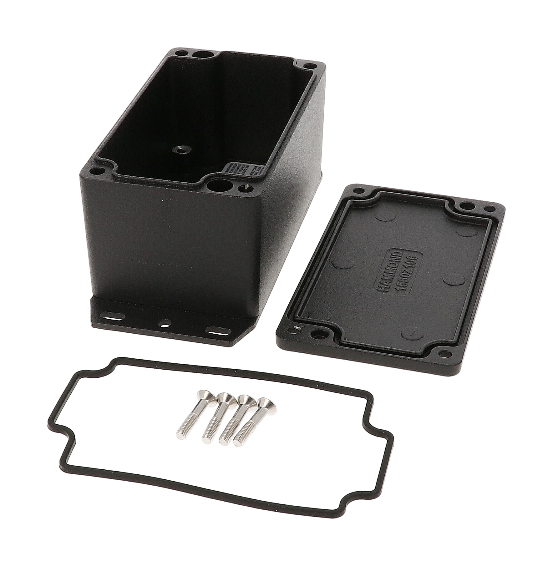 1550Z111FBK textured black watertight diecast enclosure with flanged base and screw-down lid, 142x65x58 mm