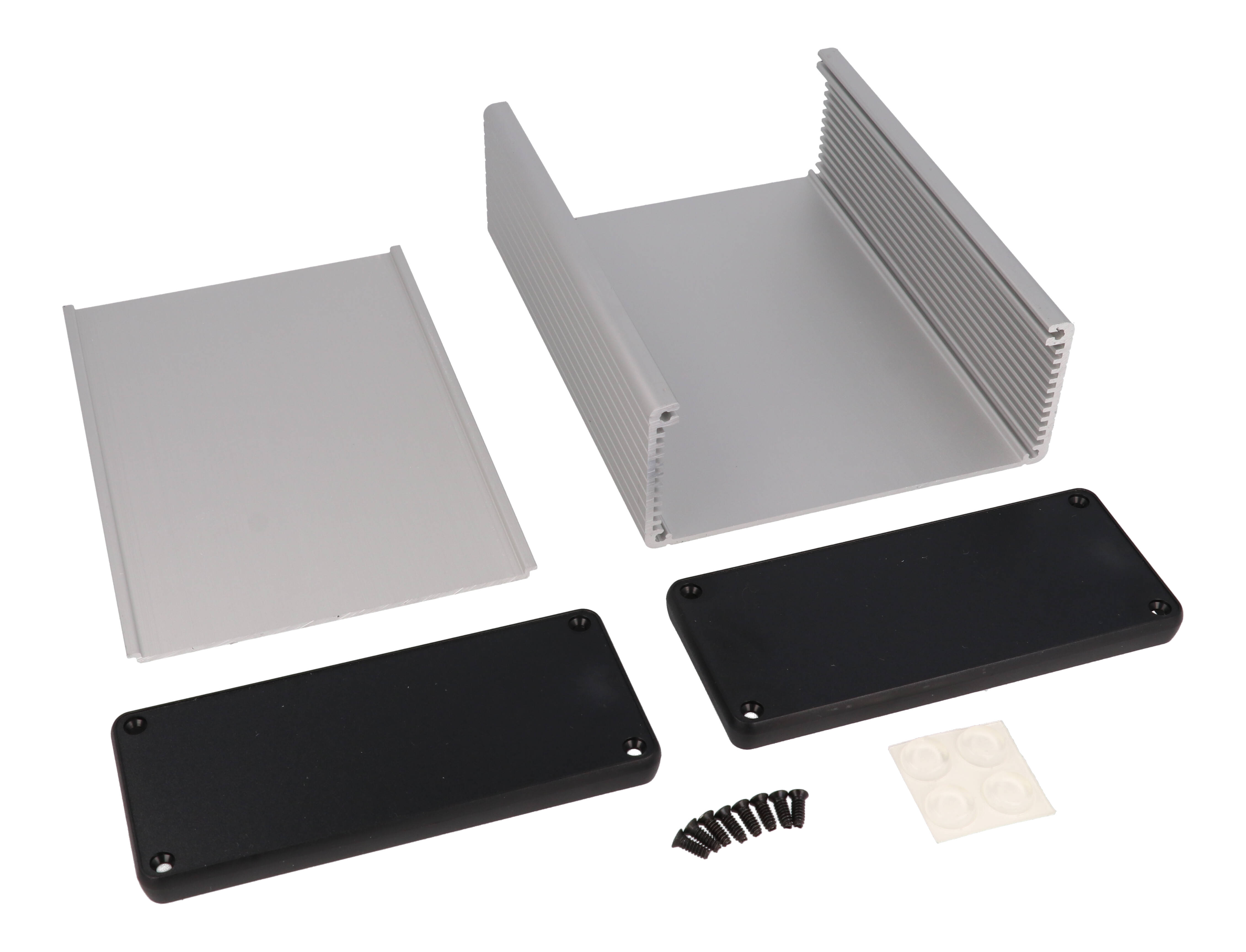 1455Q1602 clear anodized extruded aluminum PC board enclosure 160 x 125 x 51.5 mm with black closed plastic end panels