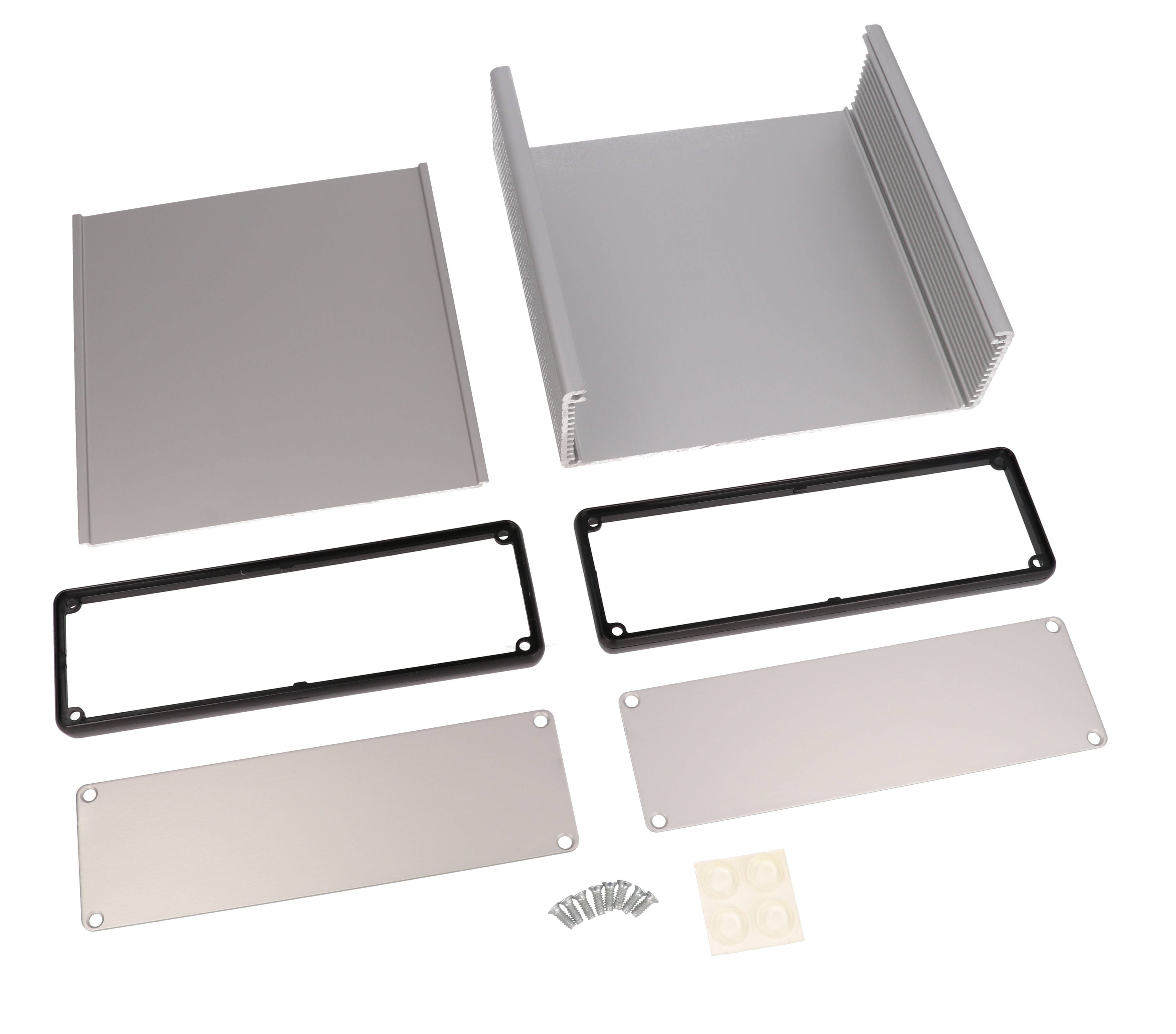1455T1601 clear anodized extruded aluminum enclosure, 160 x 165 x 52 mm, with aluminum end panels and black open bezels