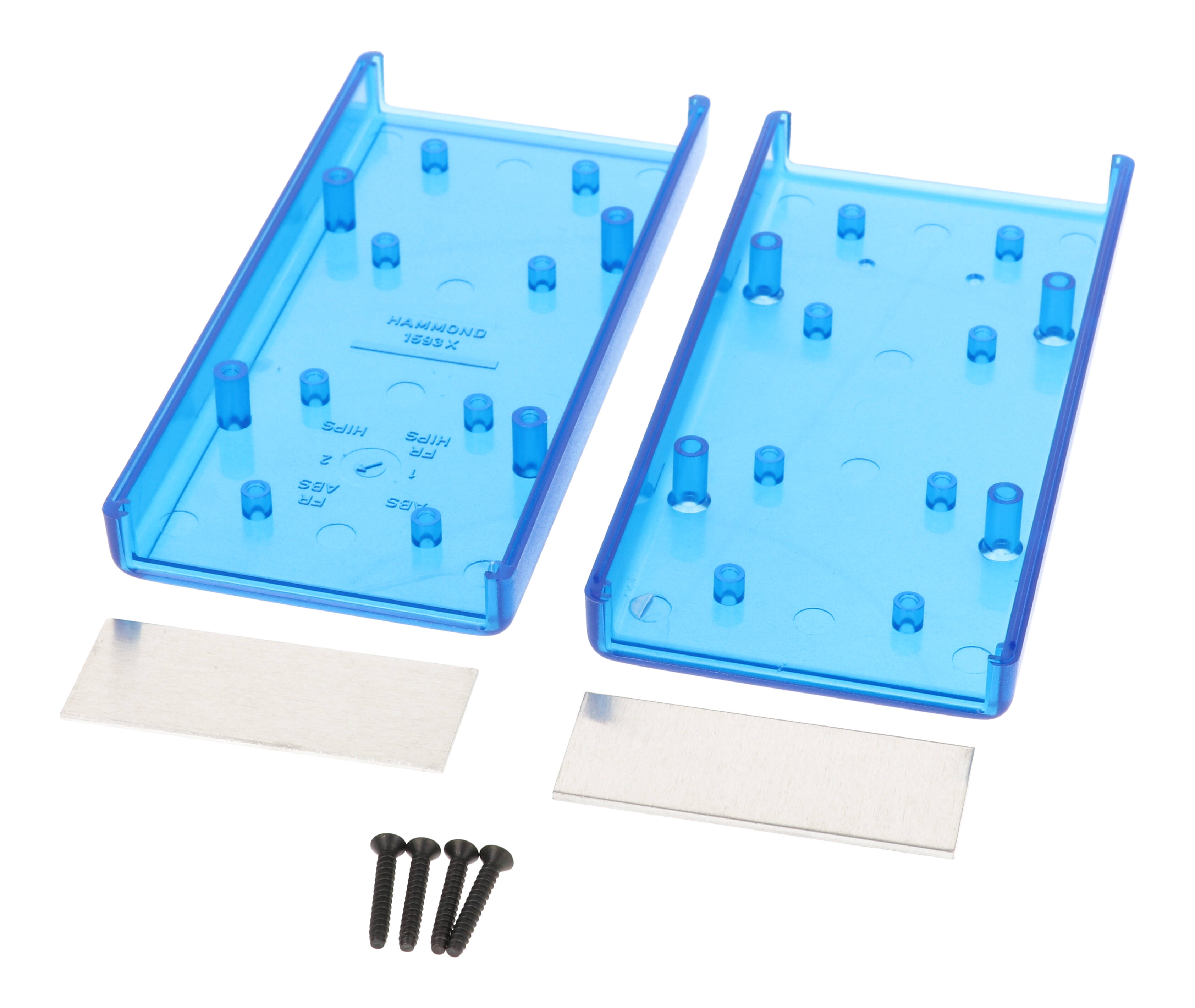 1593XALTBU translucent blue ABS hand held instrument enclosure, 140 x 66 x 28 mm, with aluminum end panels