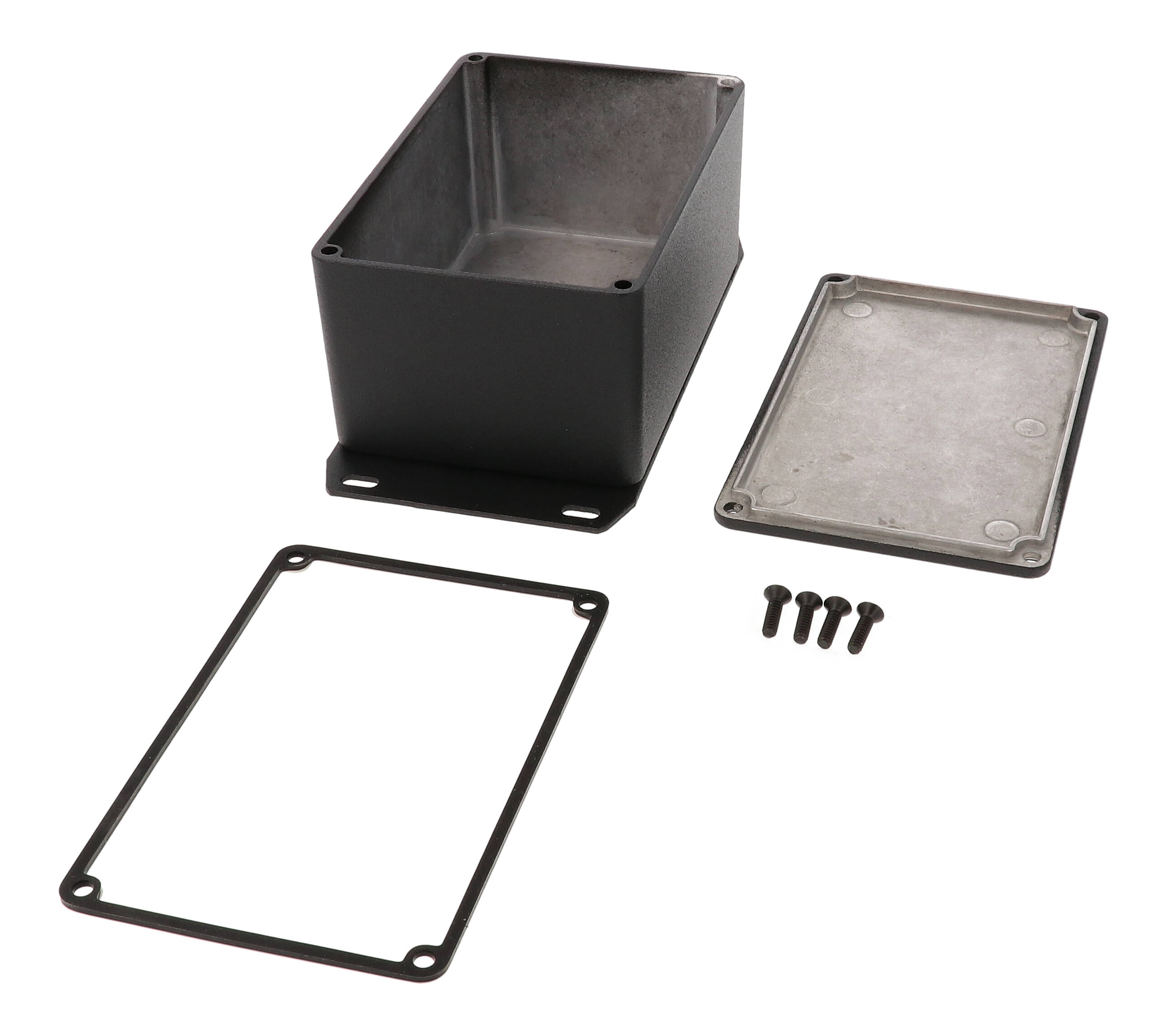 1590WTFBK black textured IP65 water-tight diecast aluminum enclosure with a welded flanged bottom plate, 120x80x59mm