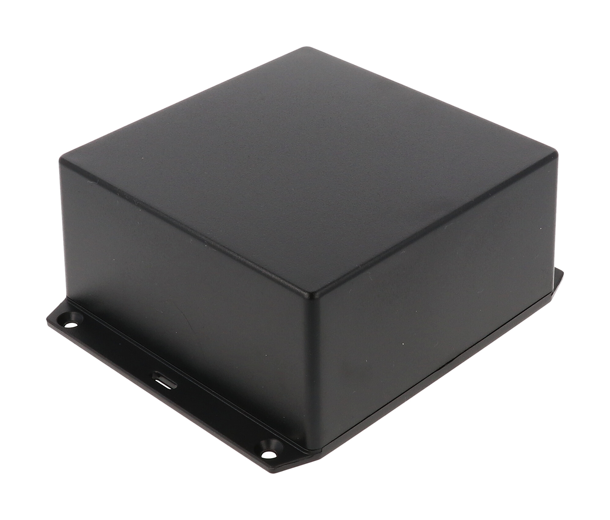 1591XXUFLBK black ABS plastic flanged-lid enclosure with PC board standoffs, 124 x 124 x 60 mm