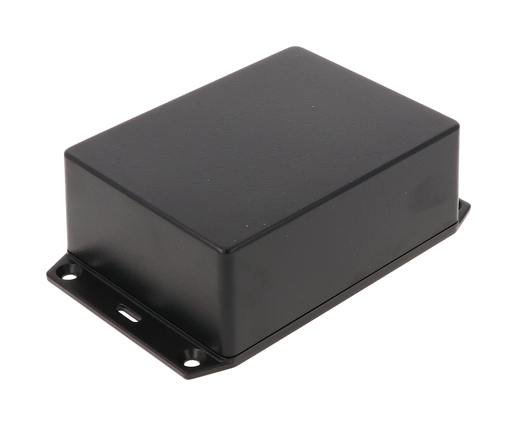 1591XXSFLBK black ABS plastic flanged-lid enclosure with PC board standoffs, 113 x 85 x 44 mm