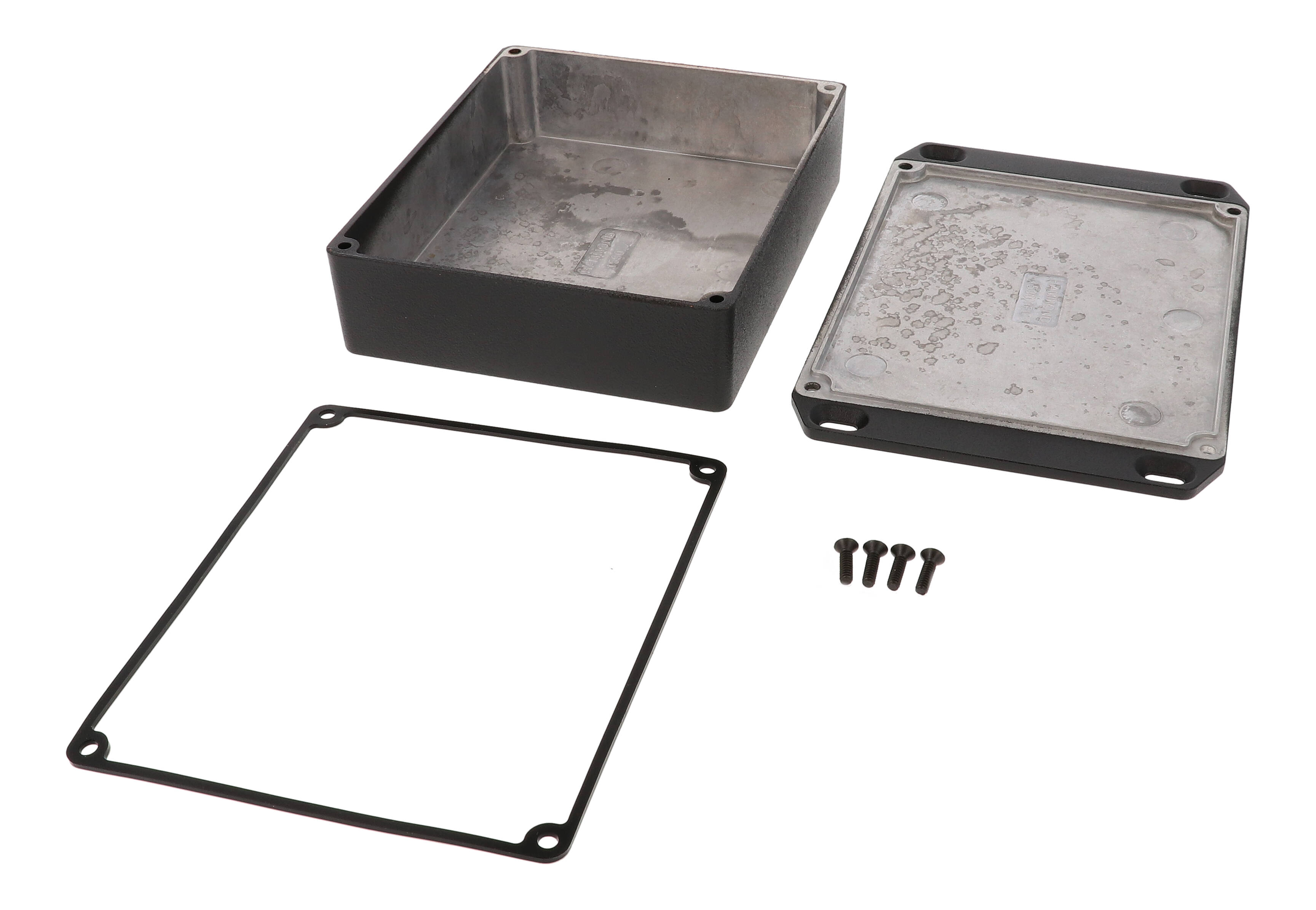 1590WXXFLBK black textured watertight diecast aluminum enclosure with flanged mounting lid, 145 mm x 121 mm x 39 mm