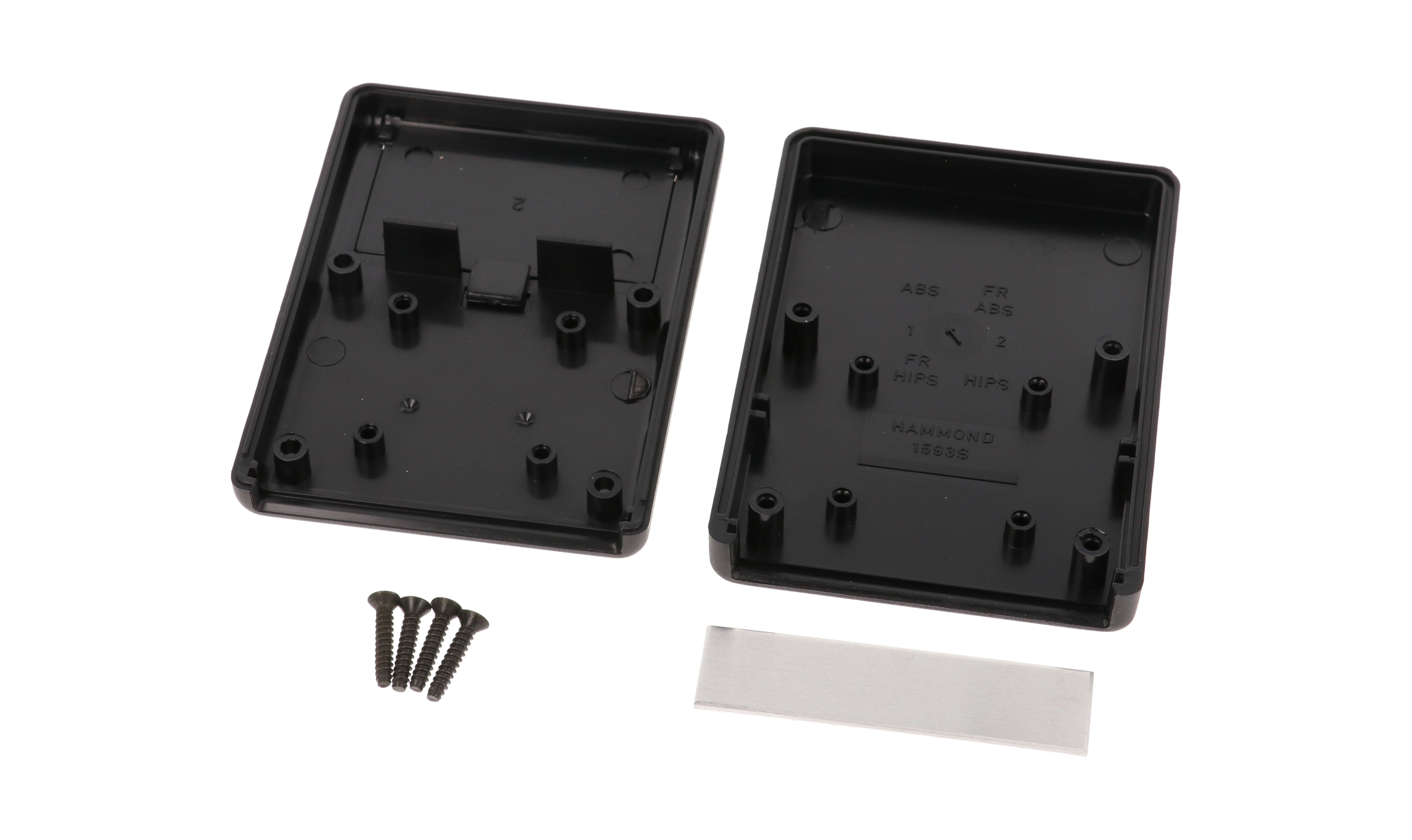 1593SALBK black ABS hand held instrument enclosure, 92 x 66.5 x 21 mm, with aluminum end panel and battery door