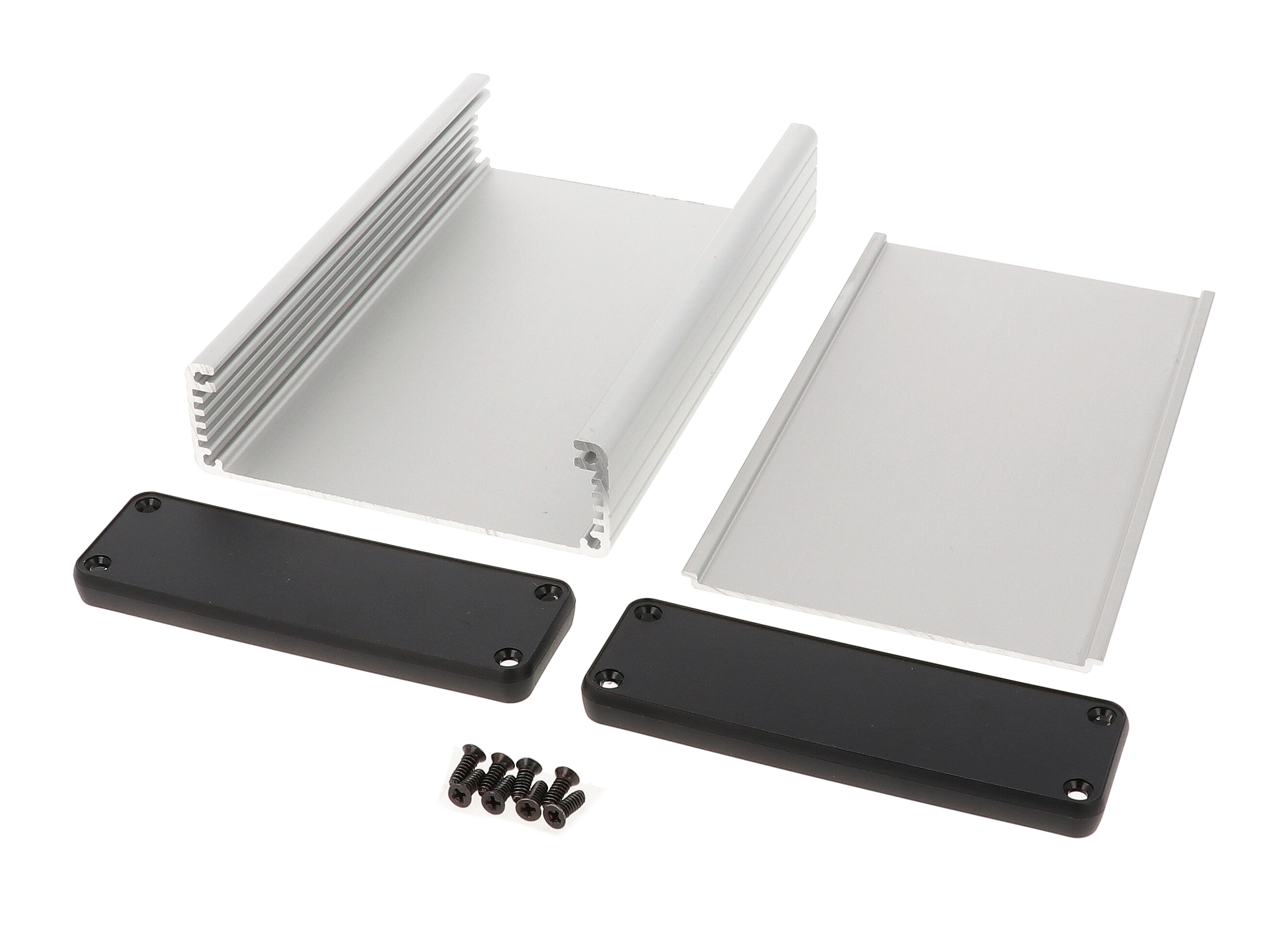 1455L1602 clear anodized extruded aluminum PC board enclosure, 160 x 103 x 30.5 mm, with black plastic end panels