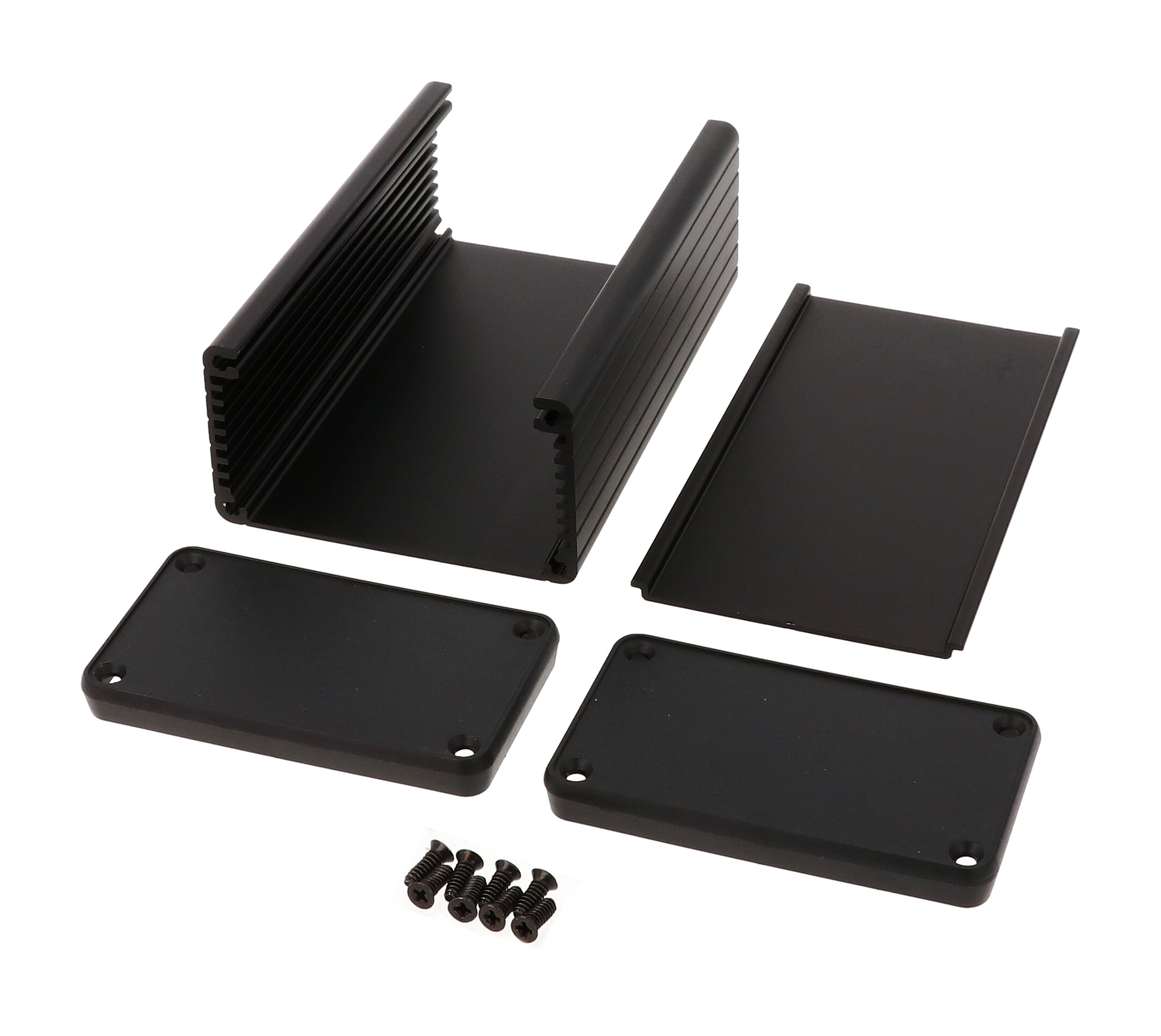 1455K1202BK black anodized 120 x 78 x 43 mm extruded aluminum enclosure with plastic end panels