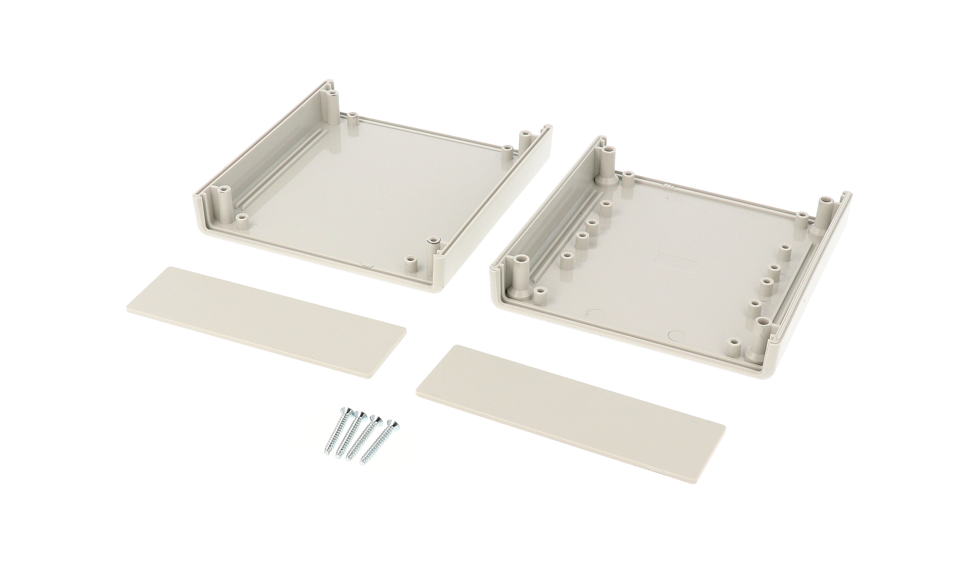 1593WGY light gray ABS plastic hand held enclosure, 105 x 110 x 35 mm, with removable end panels