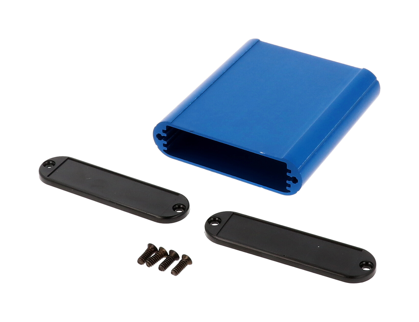 1455B802BU blue anodized extruded aluminum PC board enclosure, 80 x 72 x 19 mm, with plastic end panels