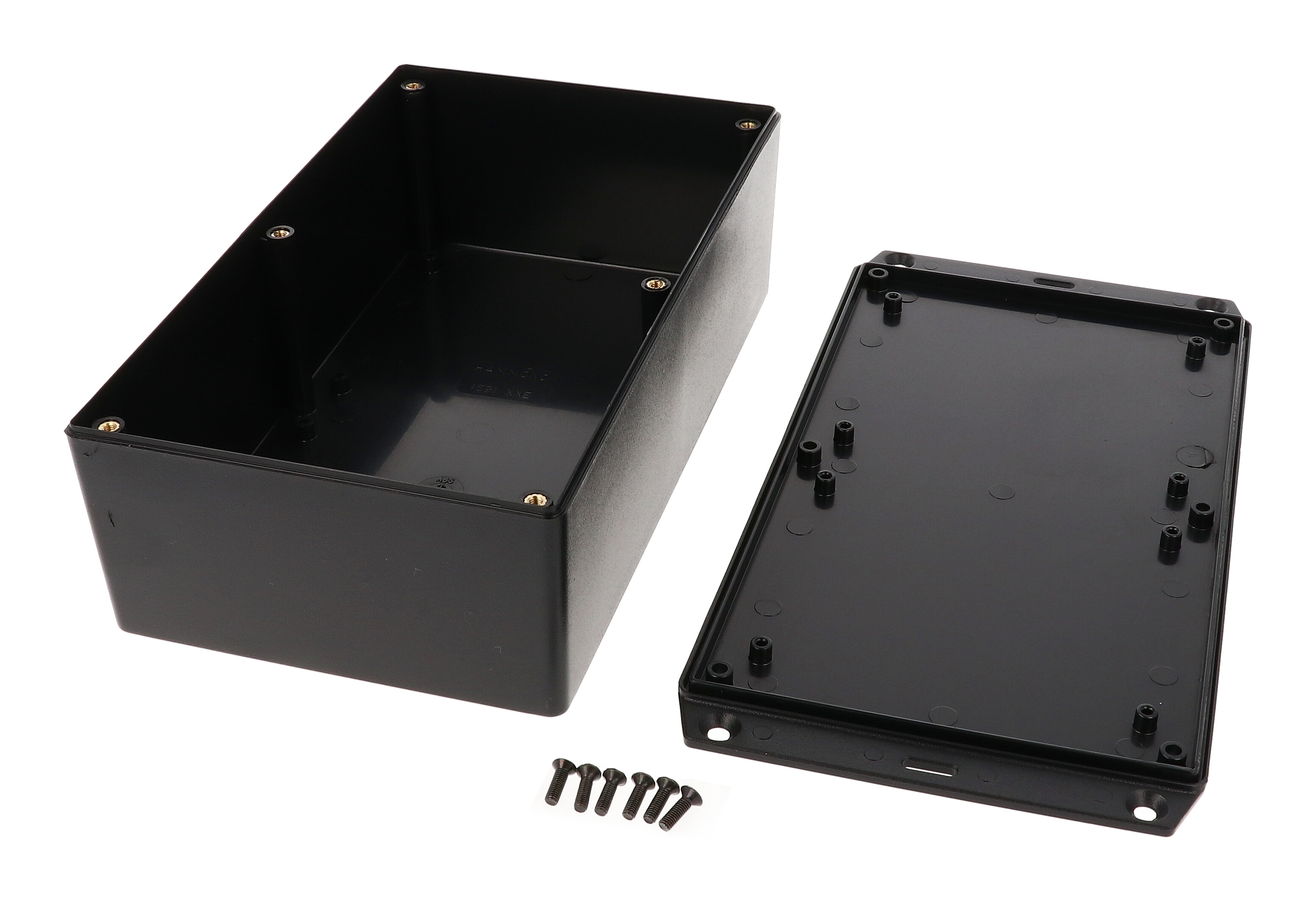 1591XXEFLBK black ABS plastic enclosure with flanged lid, 7.60 in x 4.45 in x 2.40 in