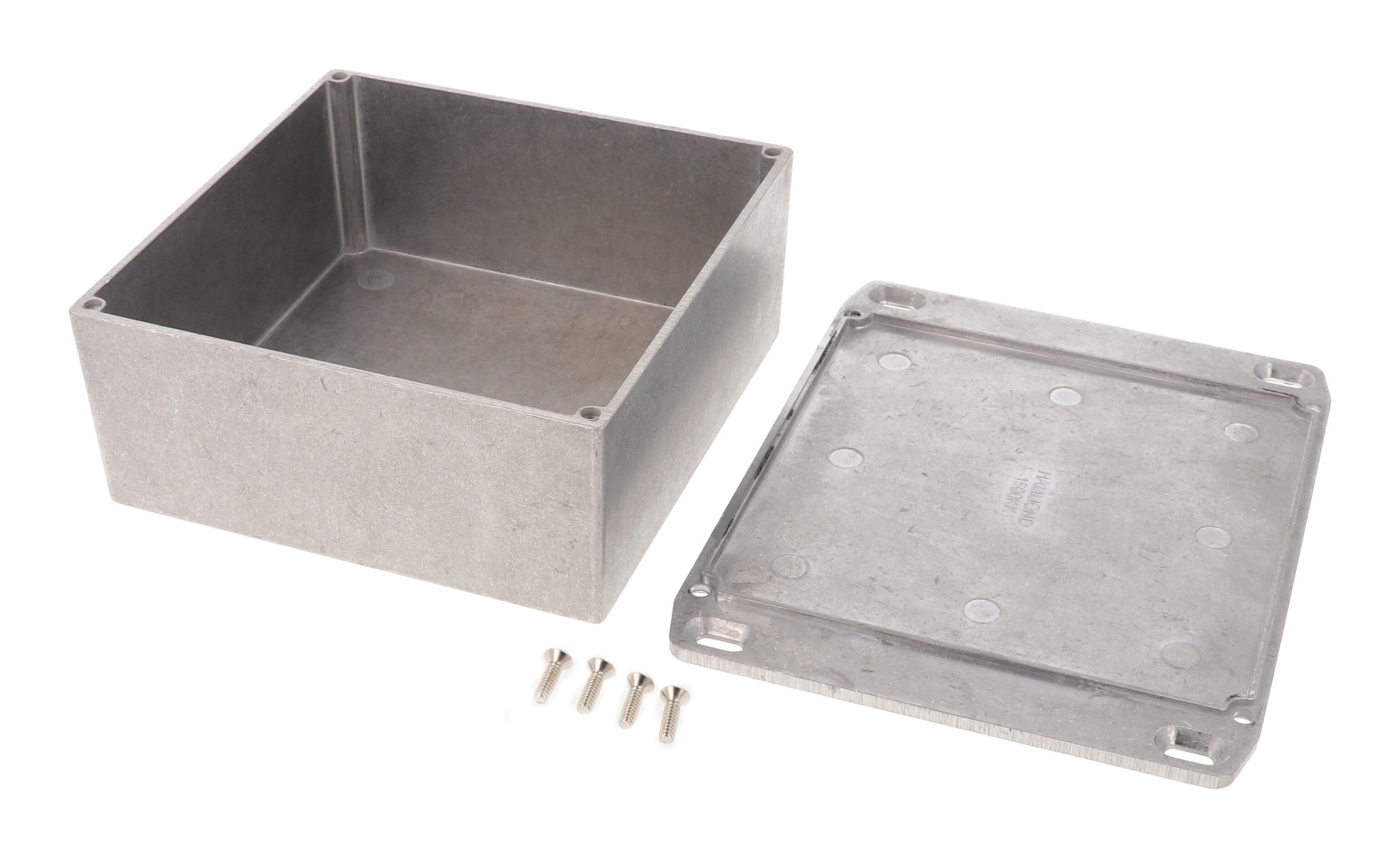 1590KKFL natural diecast aluminum enclosure with wall-mounting flanged lid, 125 x 125 x 57 mm