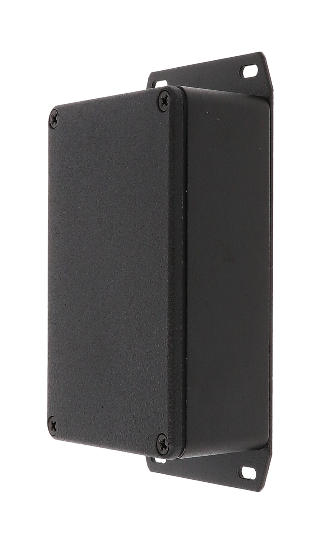 1590WB3FBK black textured IP65 watertight diecast enclosure, 116 x 77 x 38 mm, welded flanged bottom plate