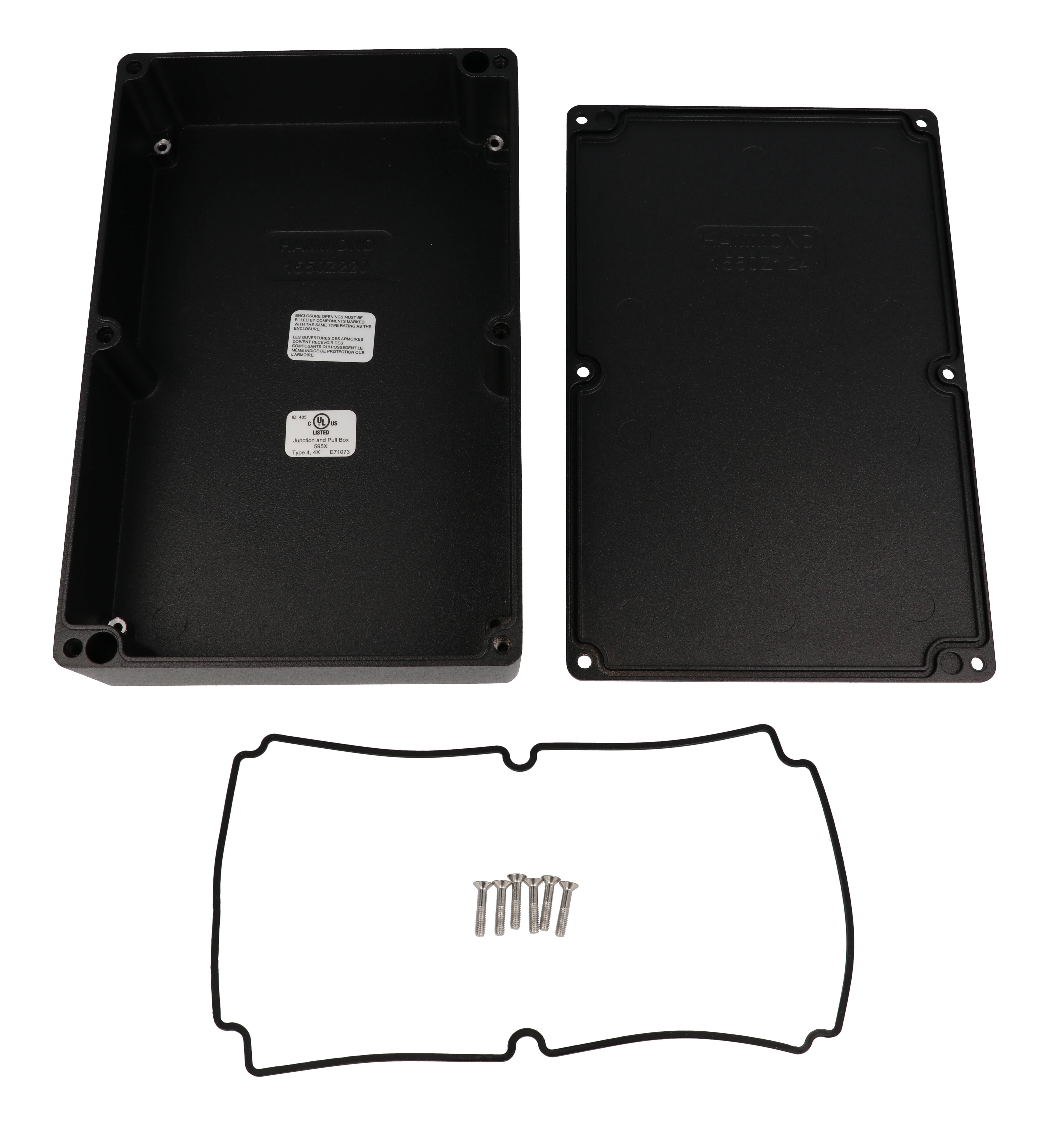 1550Z124BK black textured watertight diecast aluminum enclosure, 223 x 147 x 55 mm