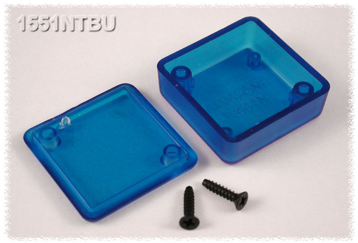 1551NTBU translucent blue ABS shallow miniature enclosure, 35 x 35 x 15 mm