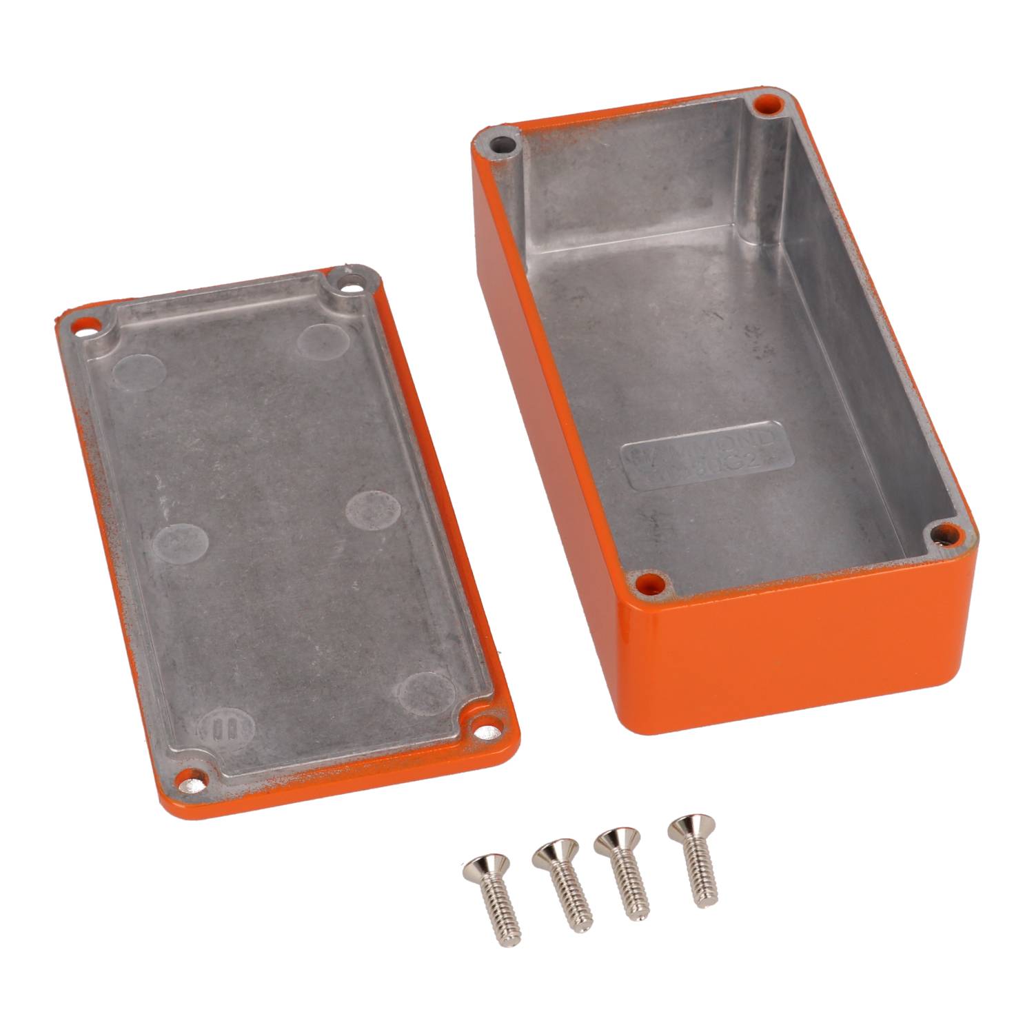 1590G2OR orange painted diecast aluminum rectangular stomp box enclosure with lid and cover screws