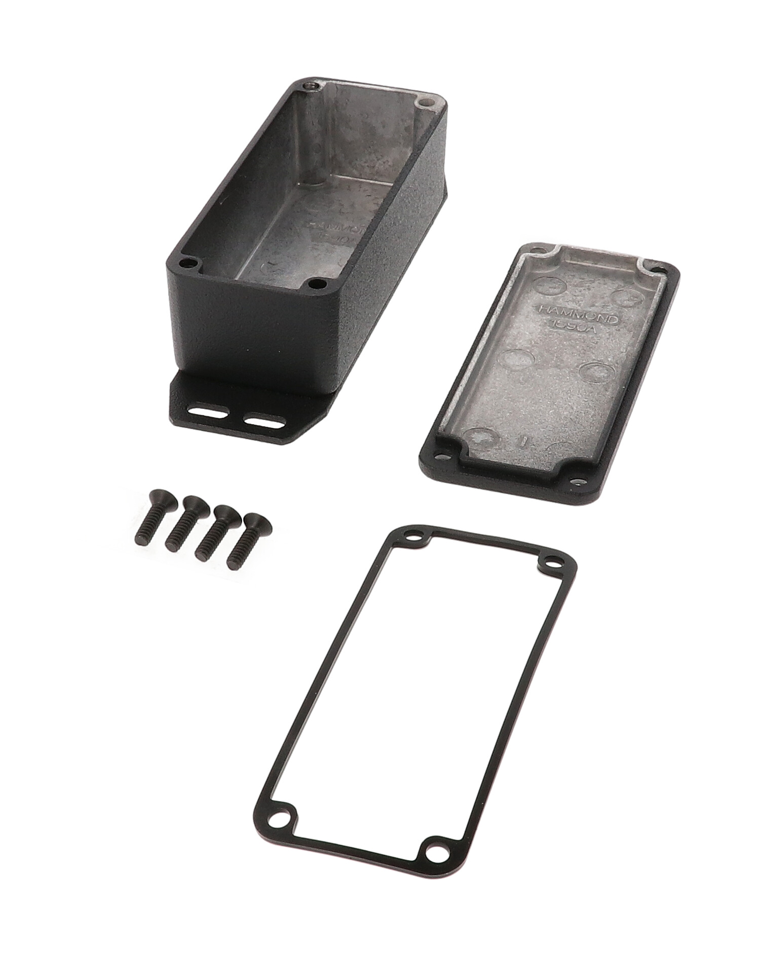 1590WAFBK textured black watertight diecast aluminum enclosure with flanged bottom plate