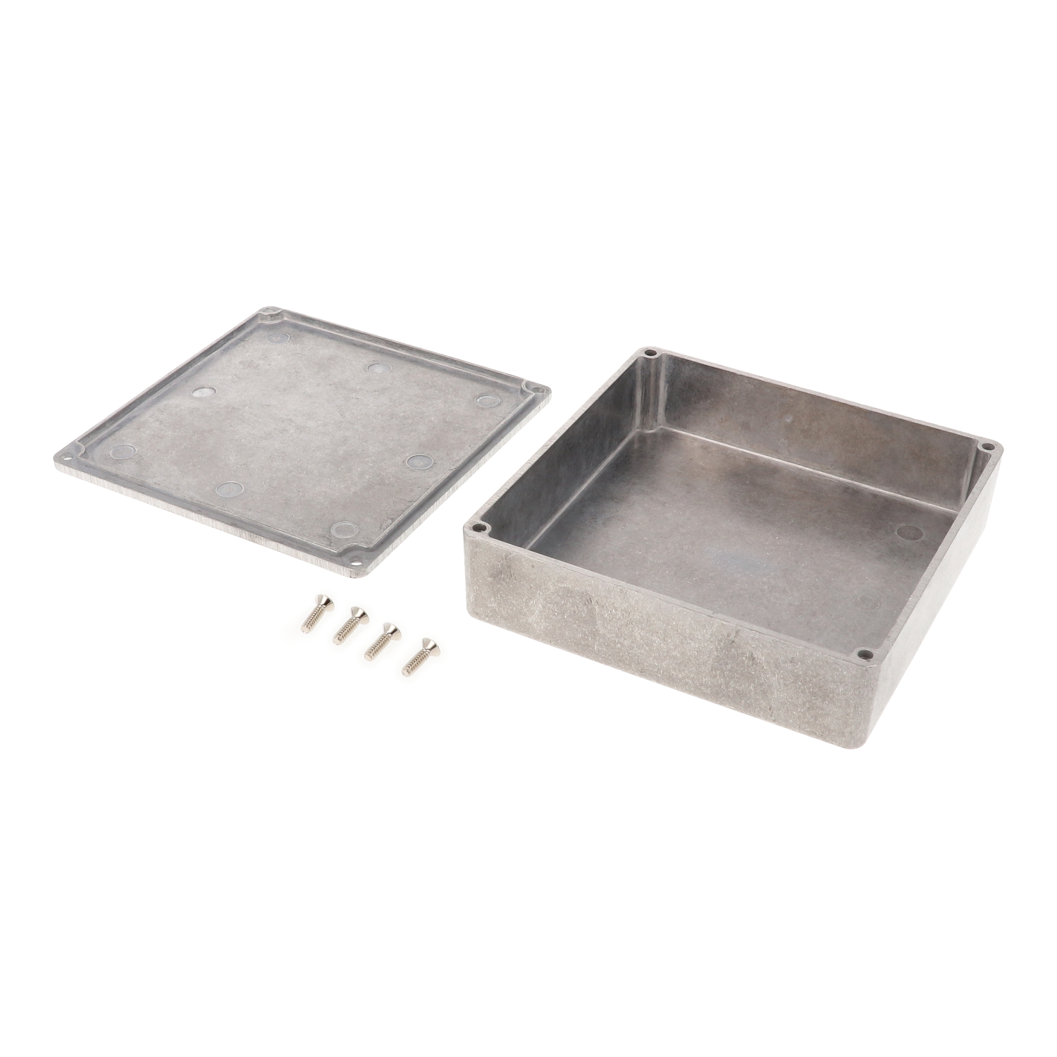 1590Q natural aluminum square diecast aluminum enclosure, 120 x 120 x 34 mm, with lid and cover screws