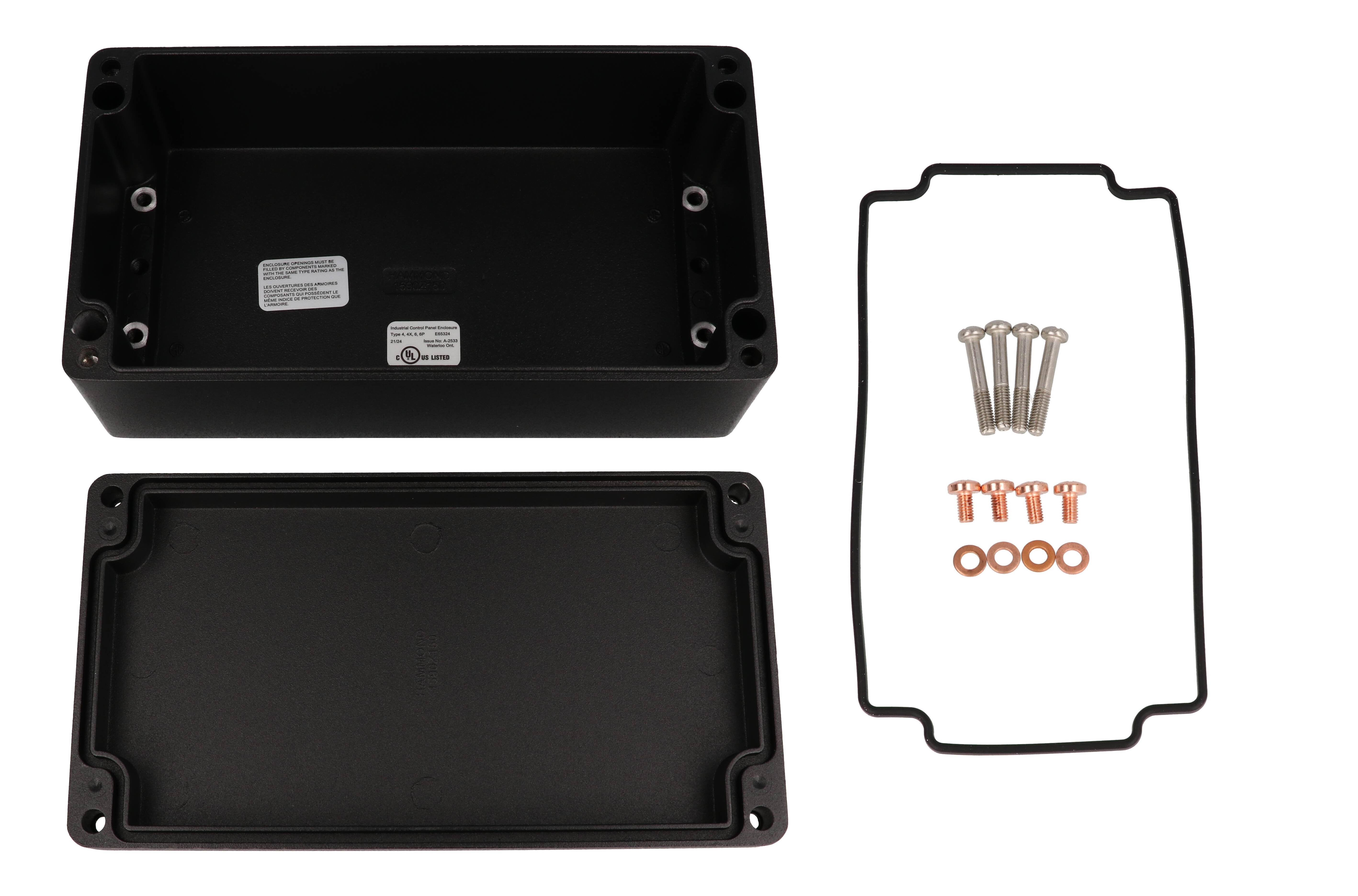 1590Z150BK textured black diecast aluminum enclosure, 221 x 121 x 81 mm