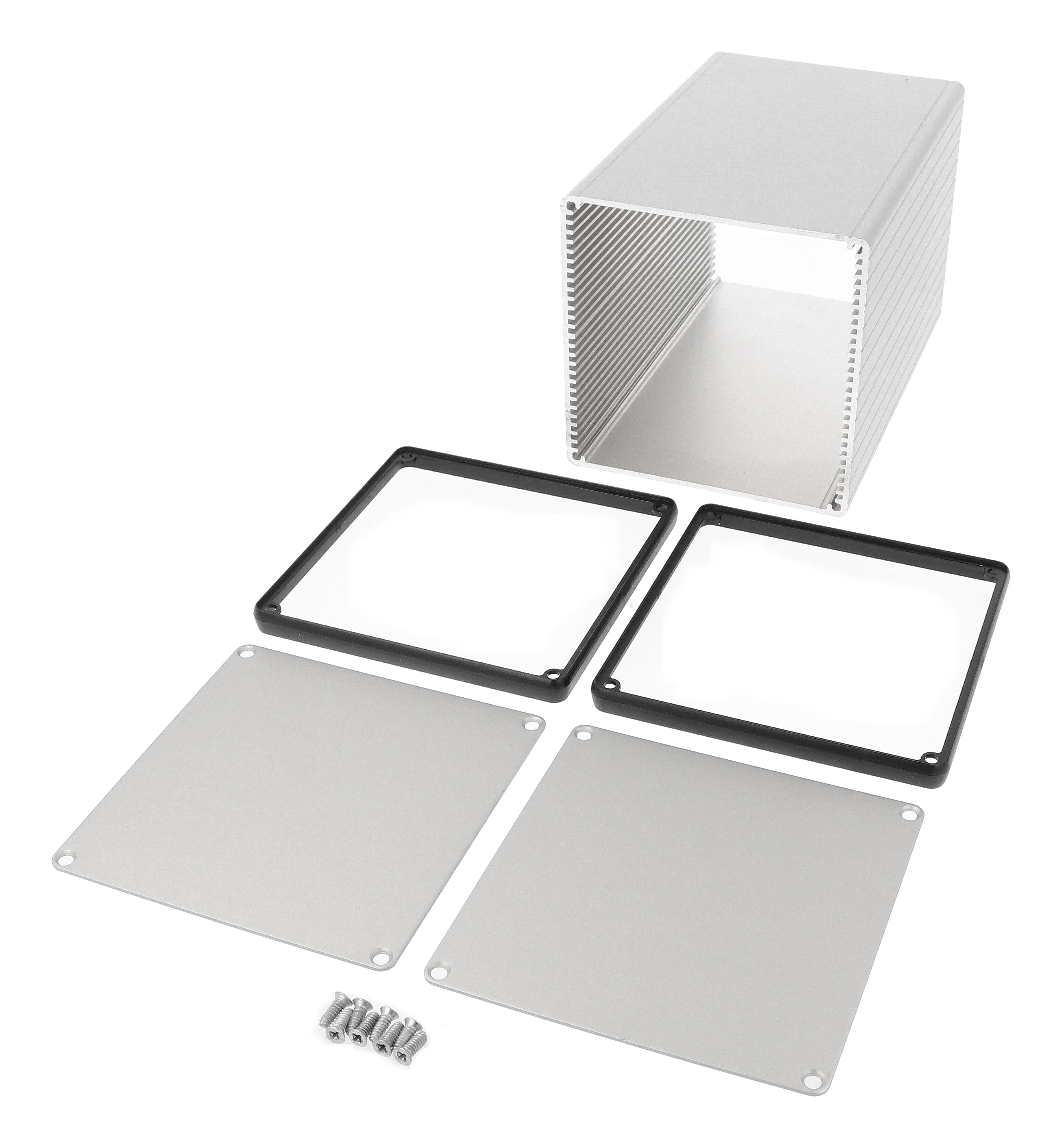 1455NS1601 clear anodized square extruded aluminum enclosure, 160 x 103 x 103 mm, with aluminum end panels and open bezels