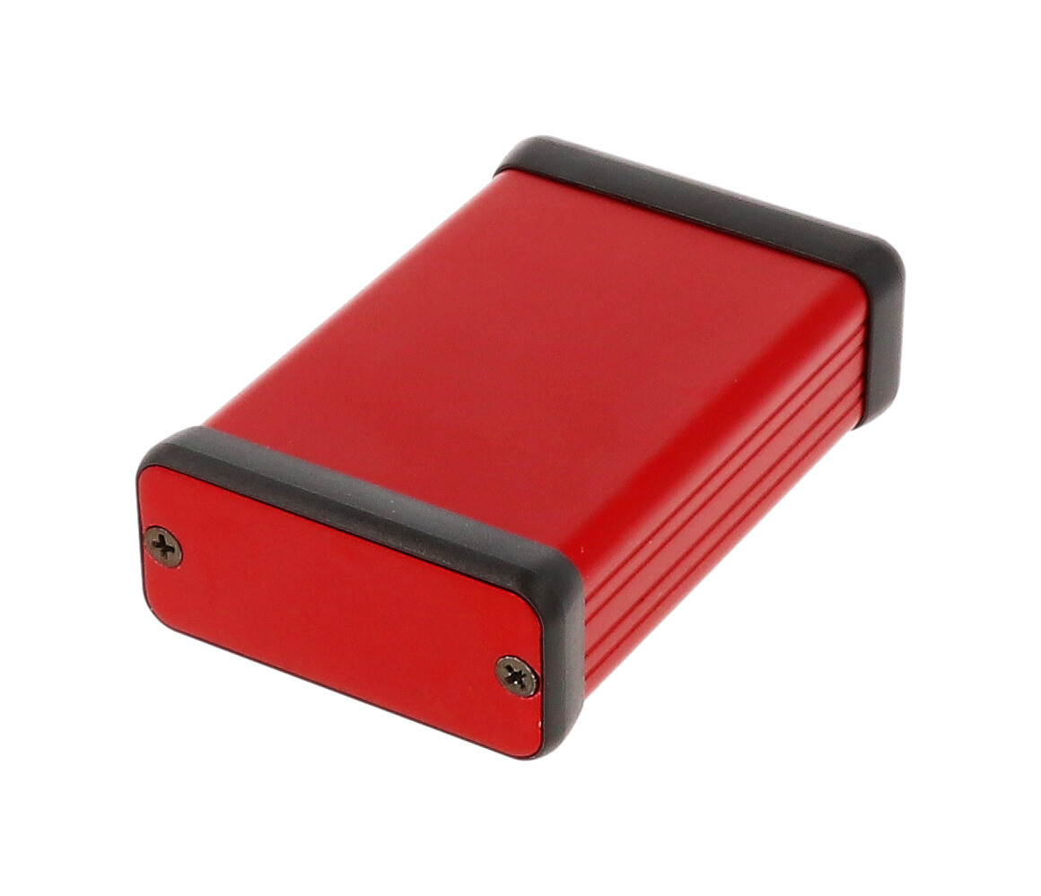 1455C801RD red anodized extruded aluminum PC board enclosure, 80 x 54 x 23 mm, with metal end panels