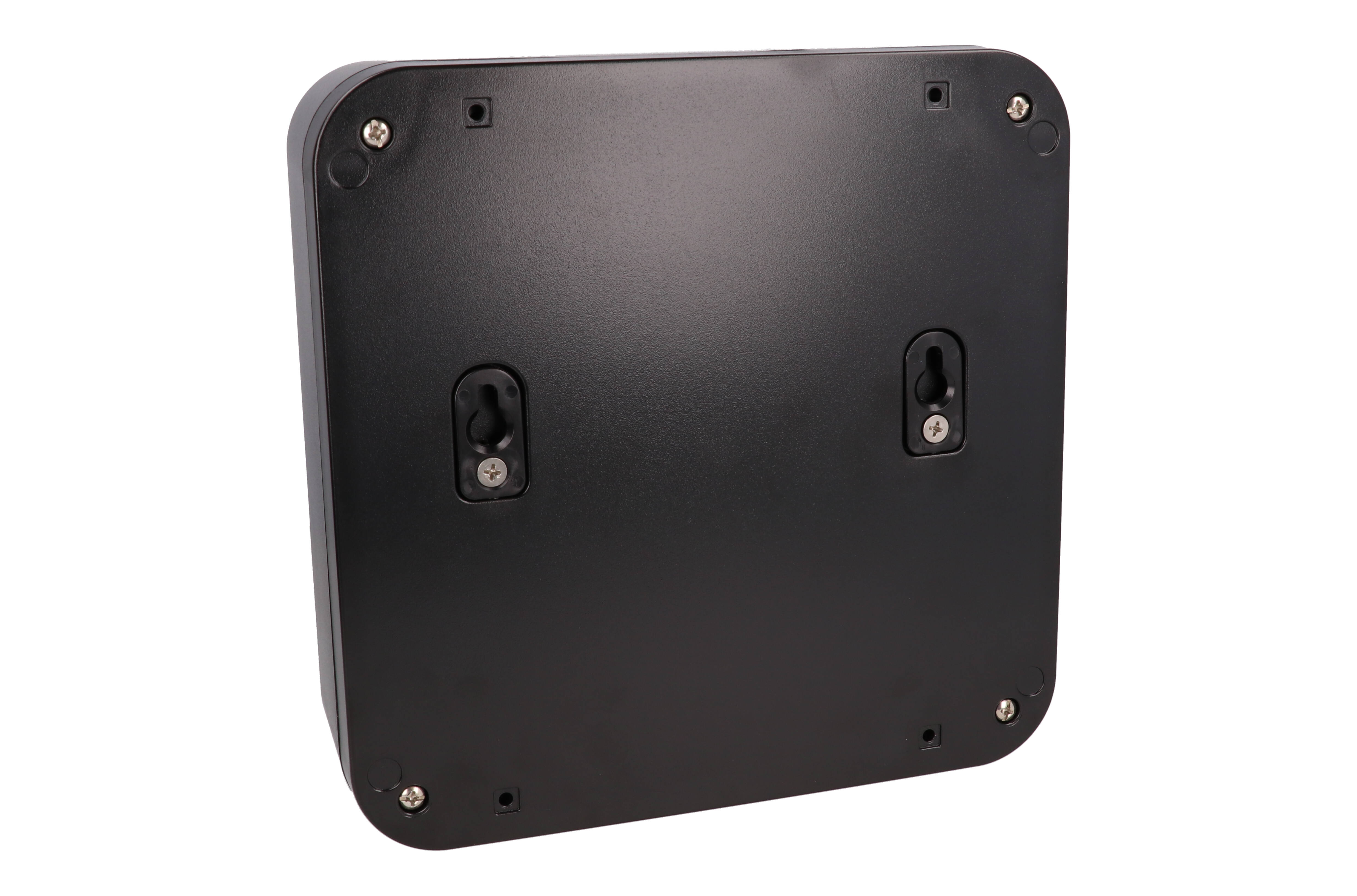 1557HA2BK black polycarbonate watertight enclosure, 200 x 200 x 70 mm, with rounded corners and gasketed screw-down lid