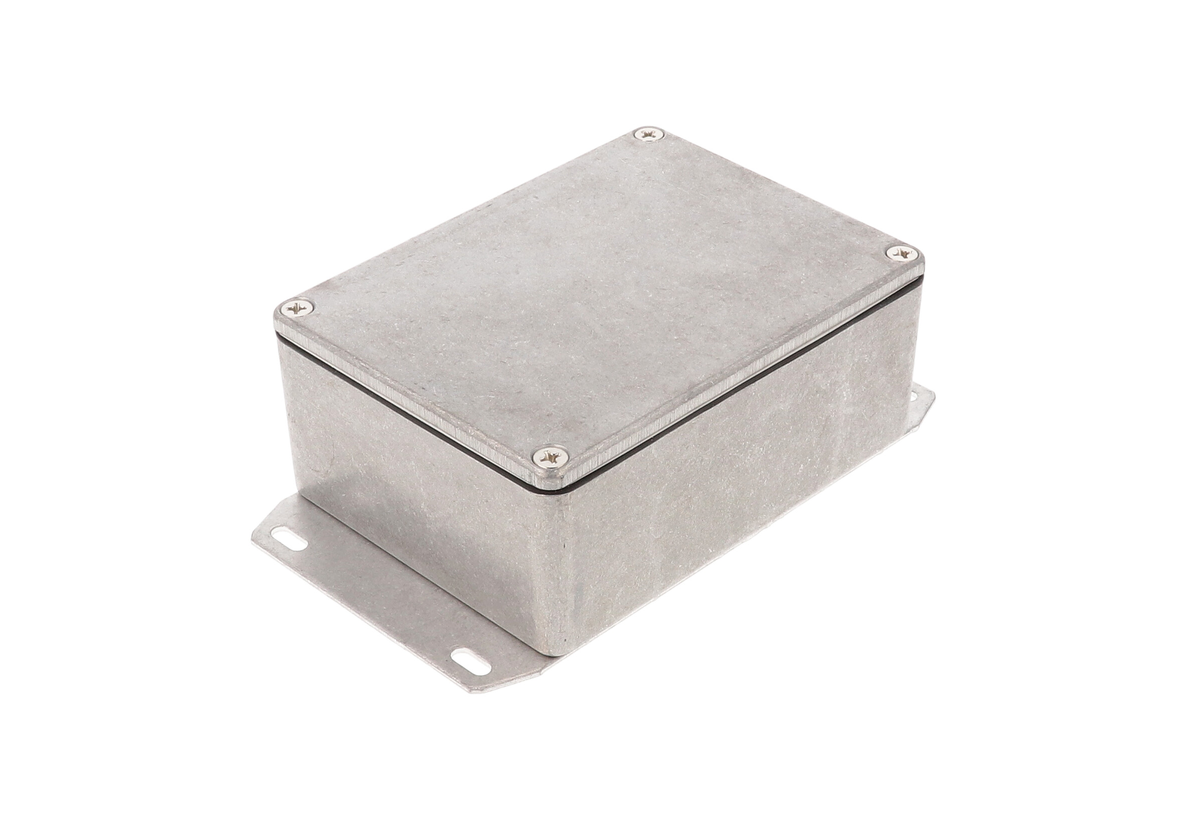 1590WSF natural aluminum IP65 water-tight diecast aluminum enclosure with a welded flanged bottom plate, 110x82x44mm