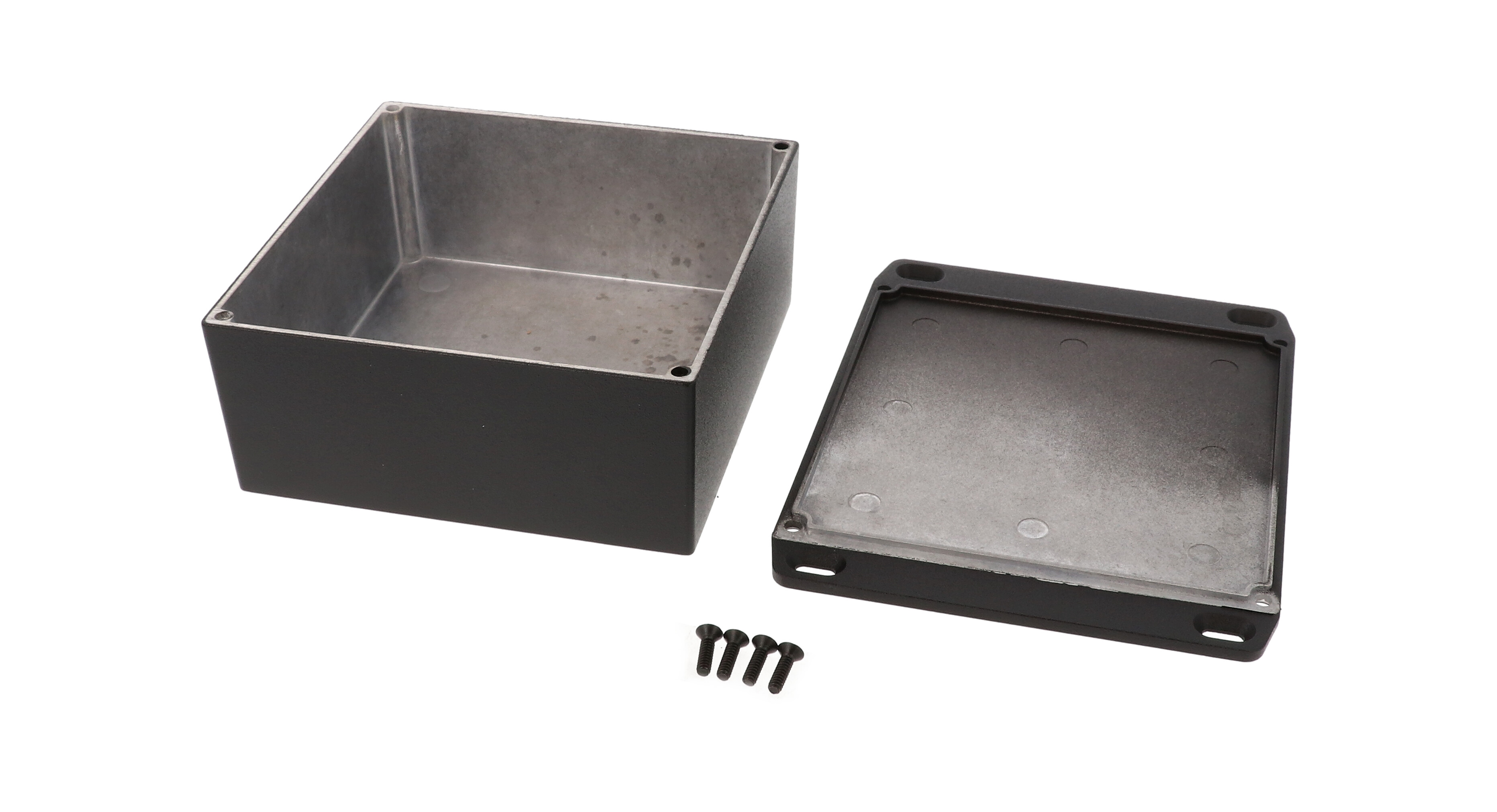 1590KKFLBK black textured diecast aluminum enclosure with wall-mounting flanged lid, 125 x 125 x 57 mm