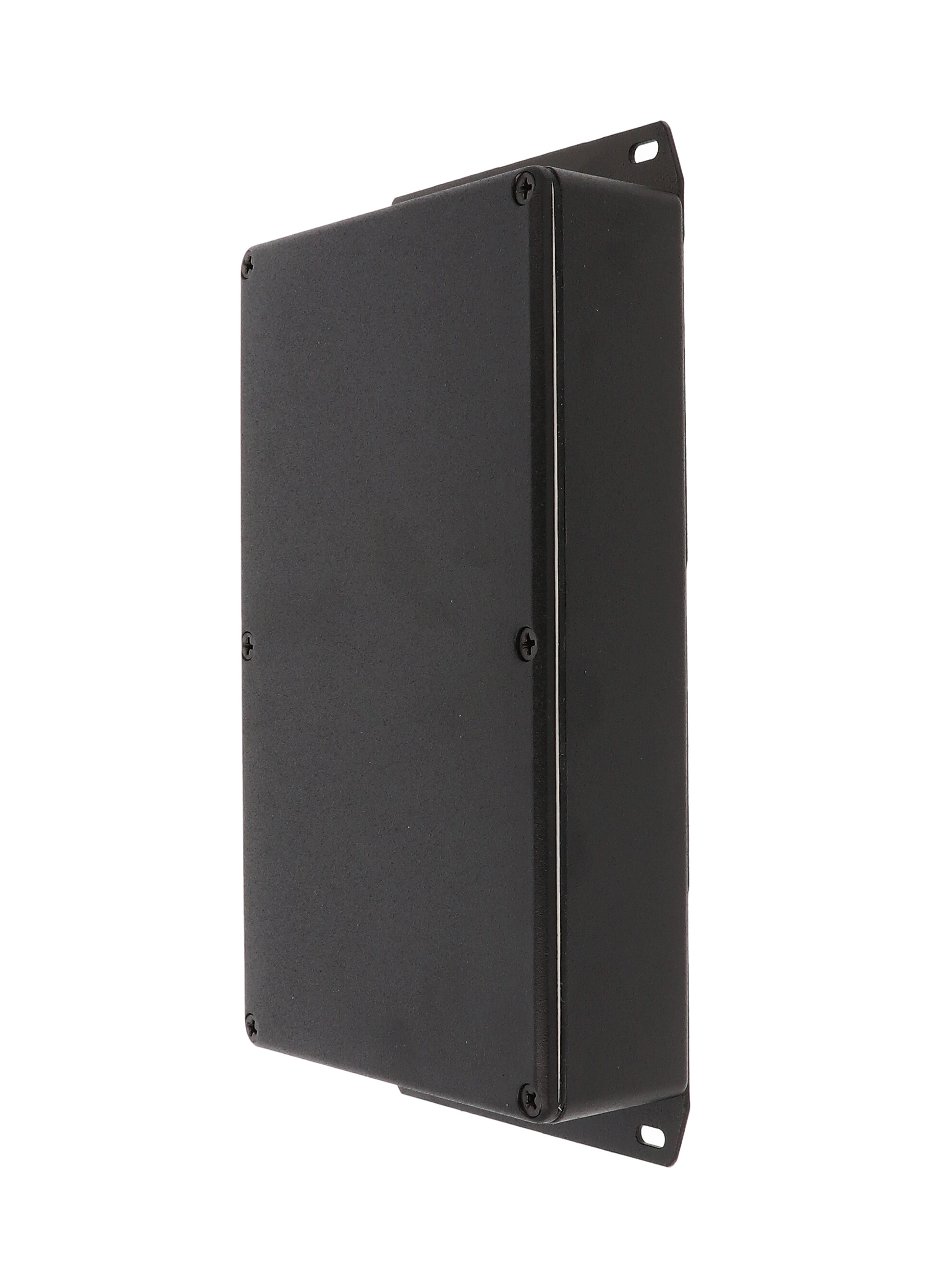 1590WDDFBK textured black watertight diecast aluminum enclosure, 188 mm x 120 mm x 37 mm, with flanged bottom plate
