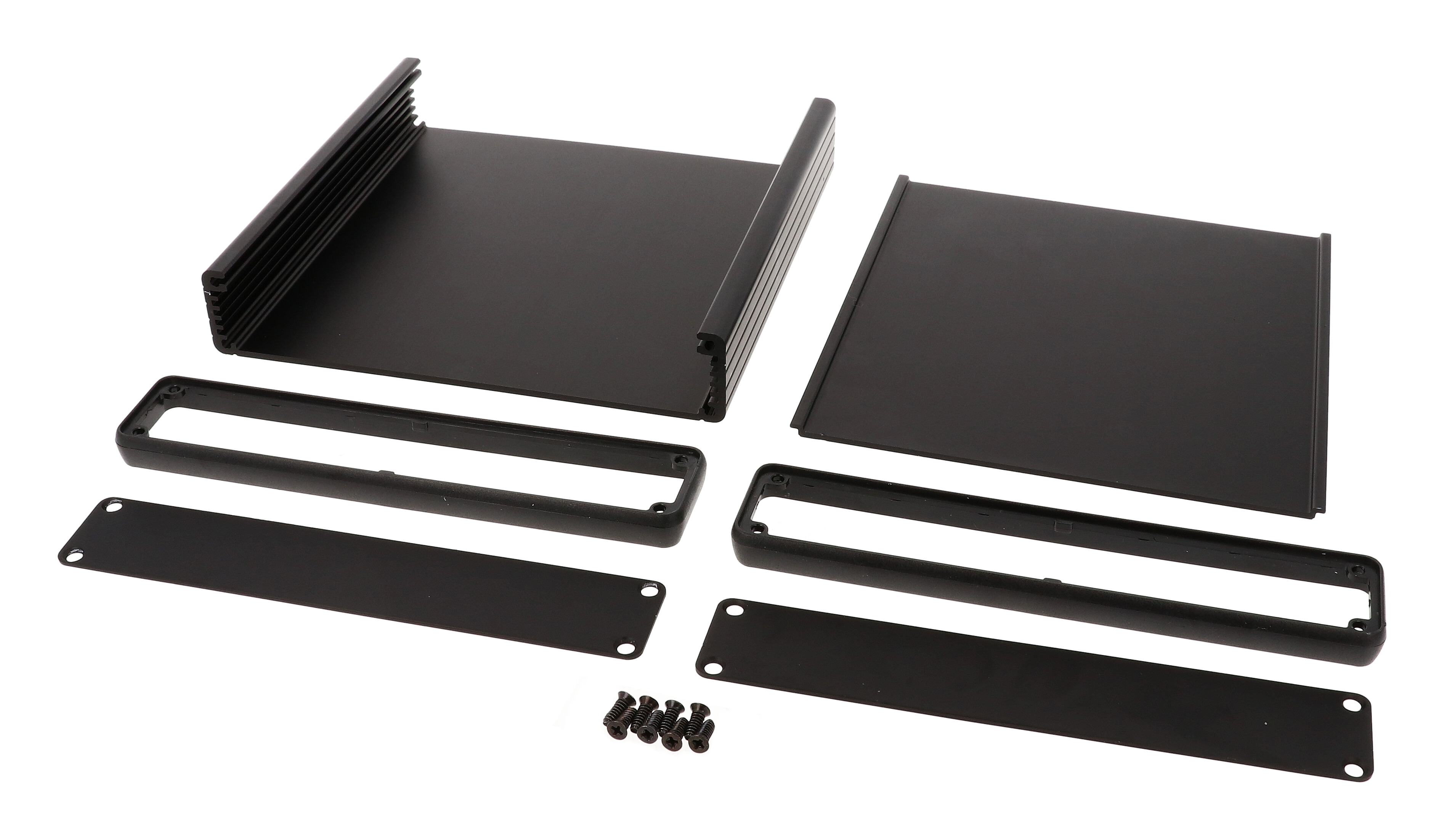 1455R1601BK black anodized extruded aluminum PC board enclosure, 160 x 165 x 30.5 mm, with aluminum end panels and open bezels