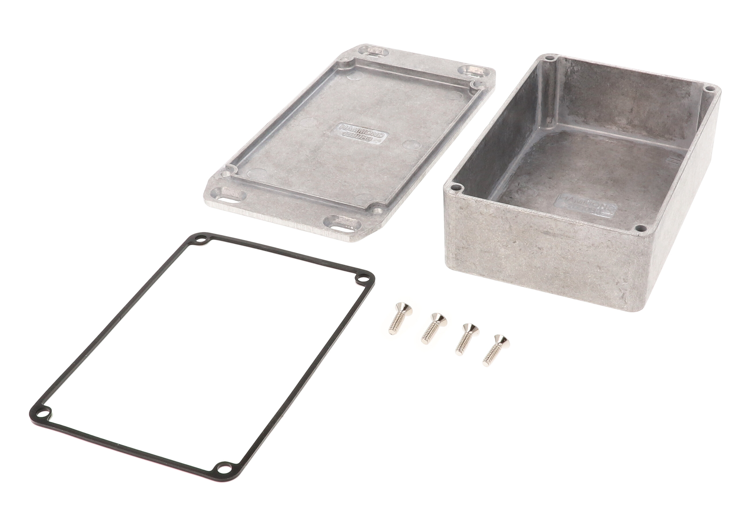 1590WB3FL natural aluminum IP65 watertight diecast enclosure, 116 x 77 x 38 mm, wall-mounting flanged lid