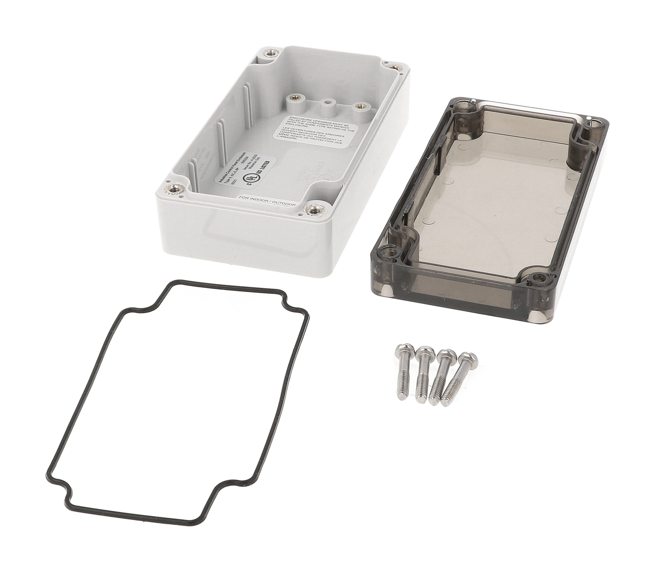 1554C2GYSL light gray polycarbonate enclosure with smoked lid, 120 x 65 x 41 mm