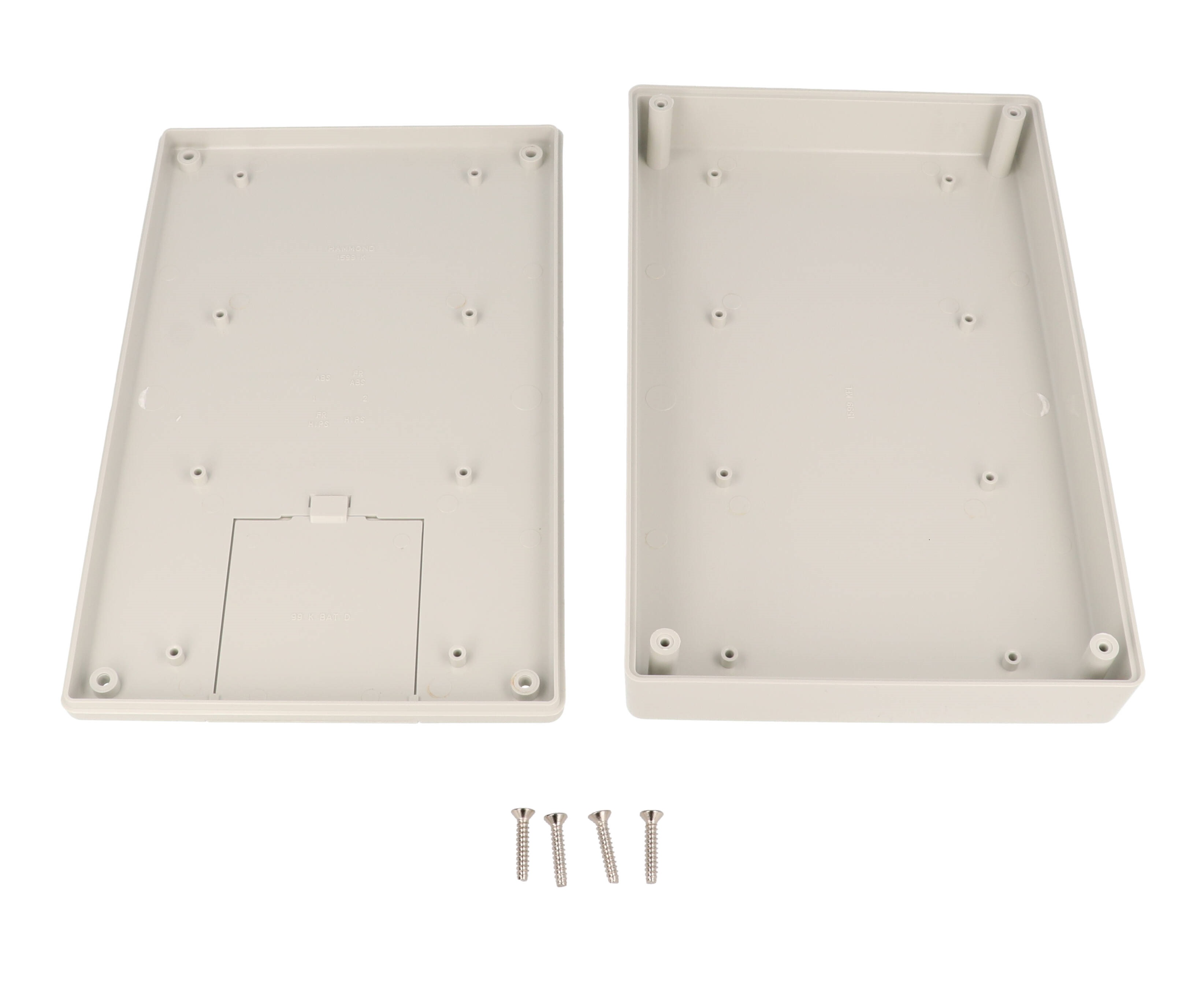 1599KSGYBAT light gray general purpose handheld enclosure with battery door, 220 x 140 mm