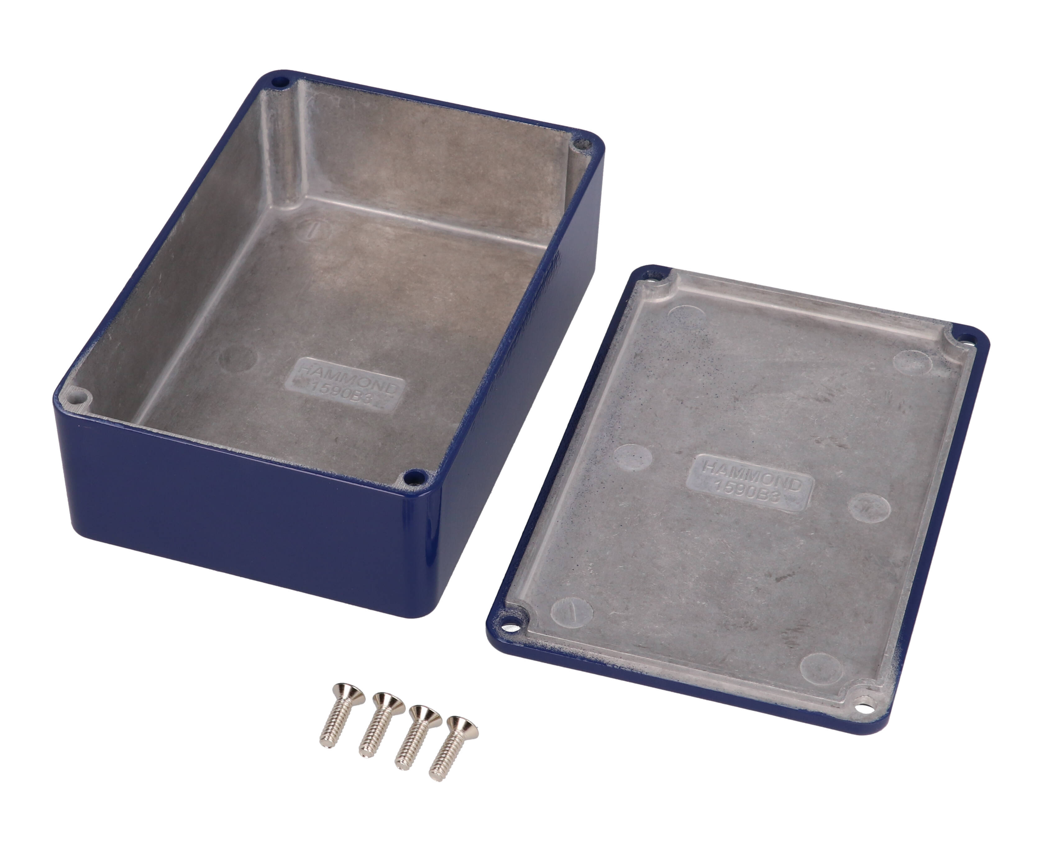 1590B3CB cobalt blue powder coated diecast aluminum stomp box enclosure, 116 x 77 x 38 mm, with lid