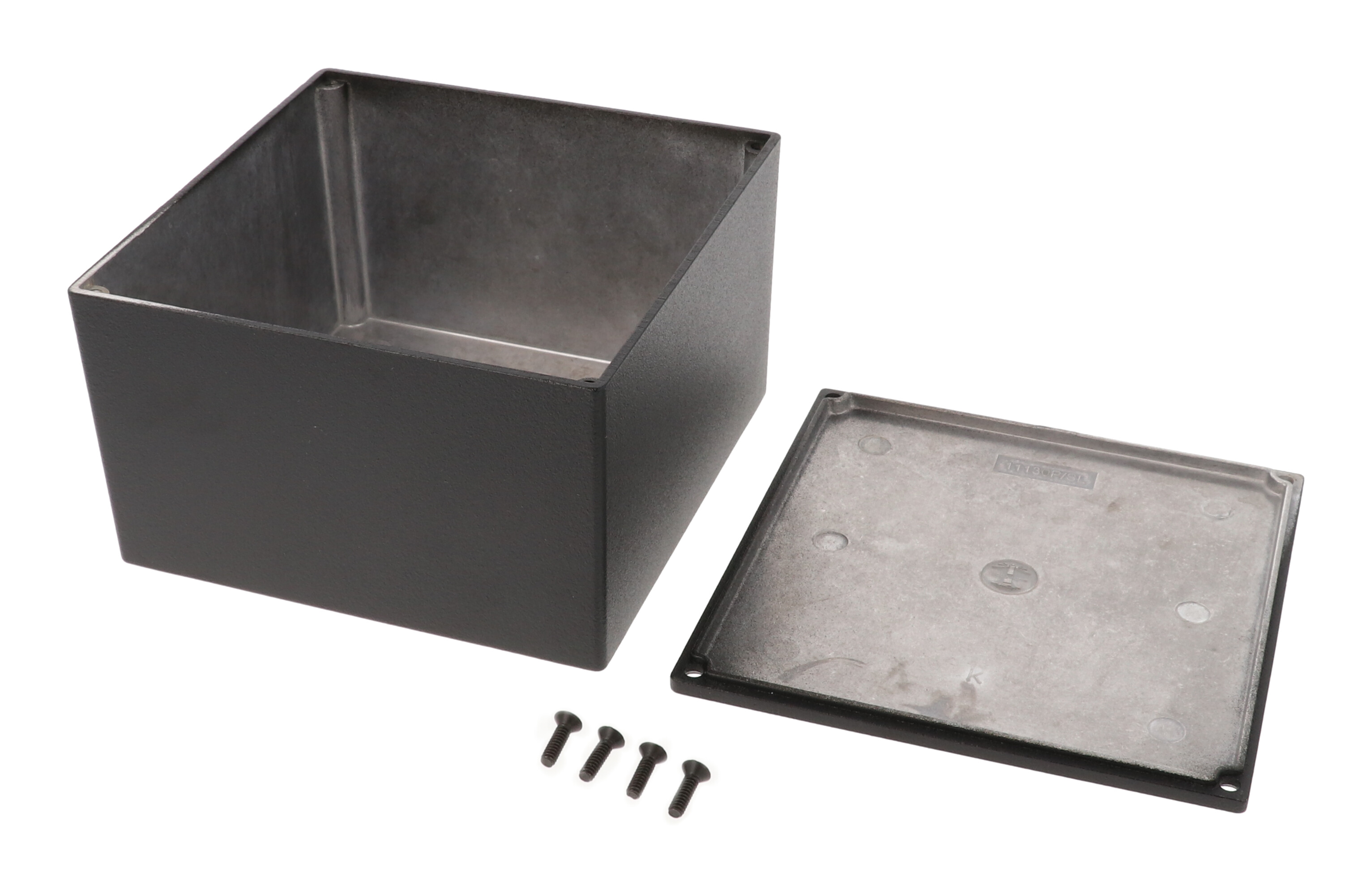 1590KBK black textured diecast aluminum enclosure, 125 x 125 x 79 mm, with black cover screws