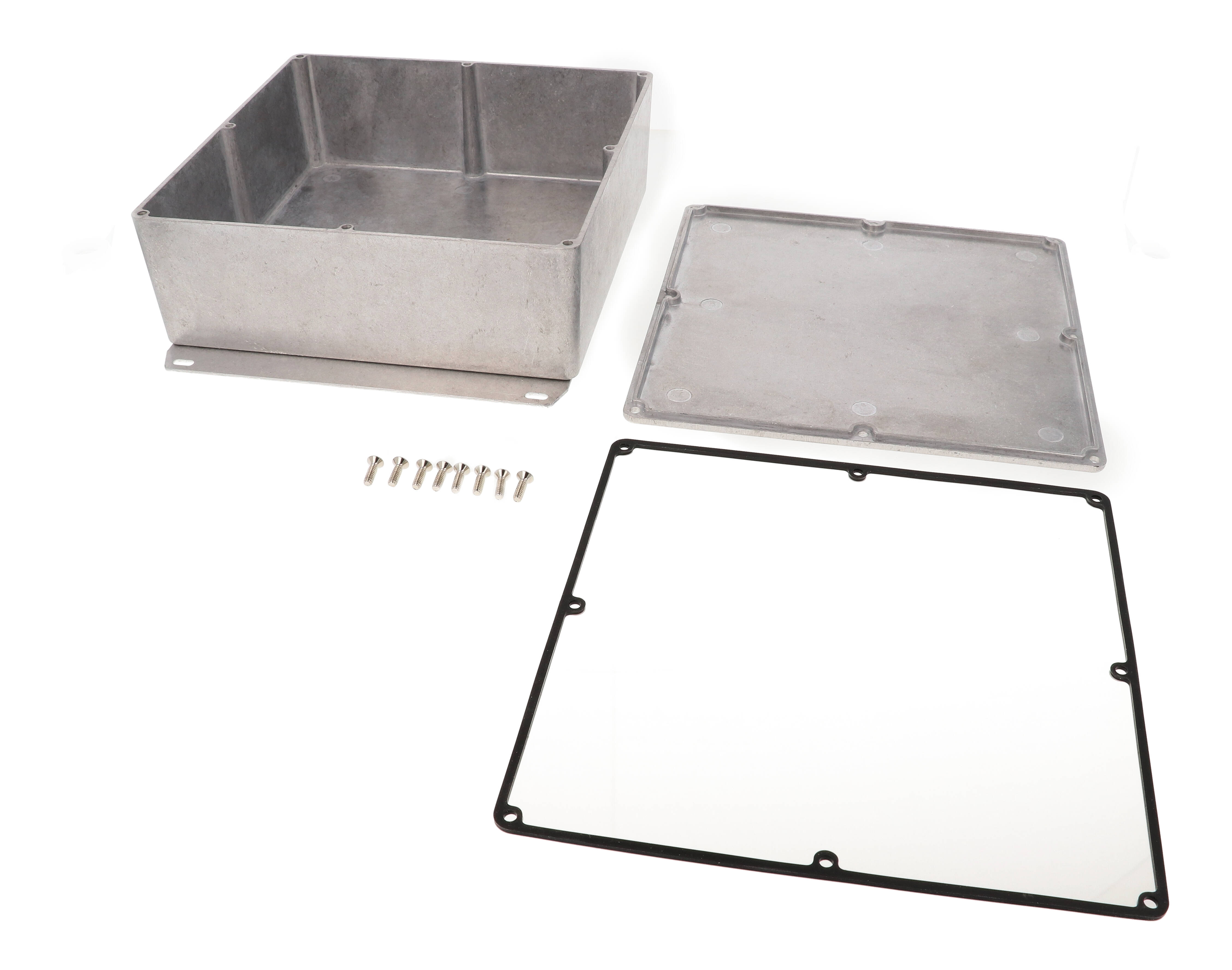 1590WFF natural aluminum square watertight 1590F diecast aluminum enclosure, 188 x 188 x 67 mm, flanged bottom plate