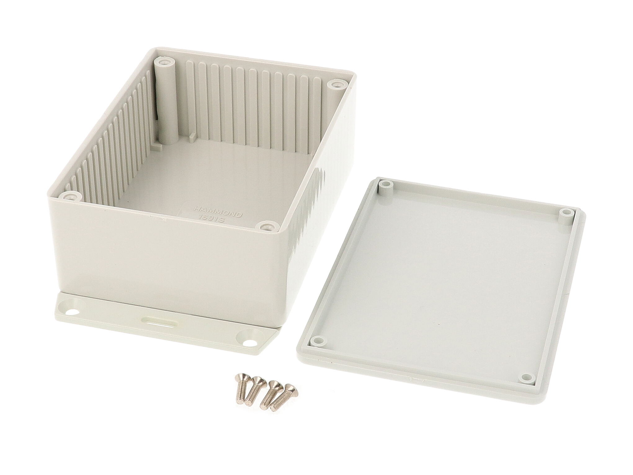 1591SF2SGY light gray ABS plastic enclosure with bottom mounting flange, 110 x 82 x 44 mm