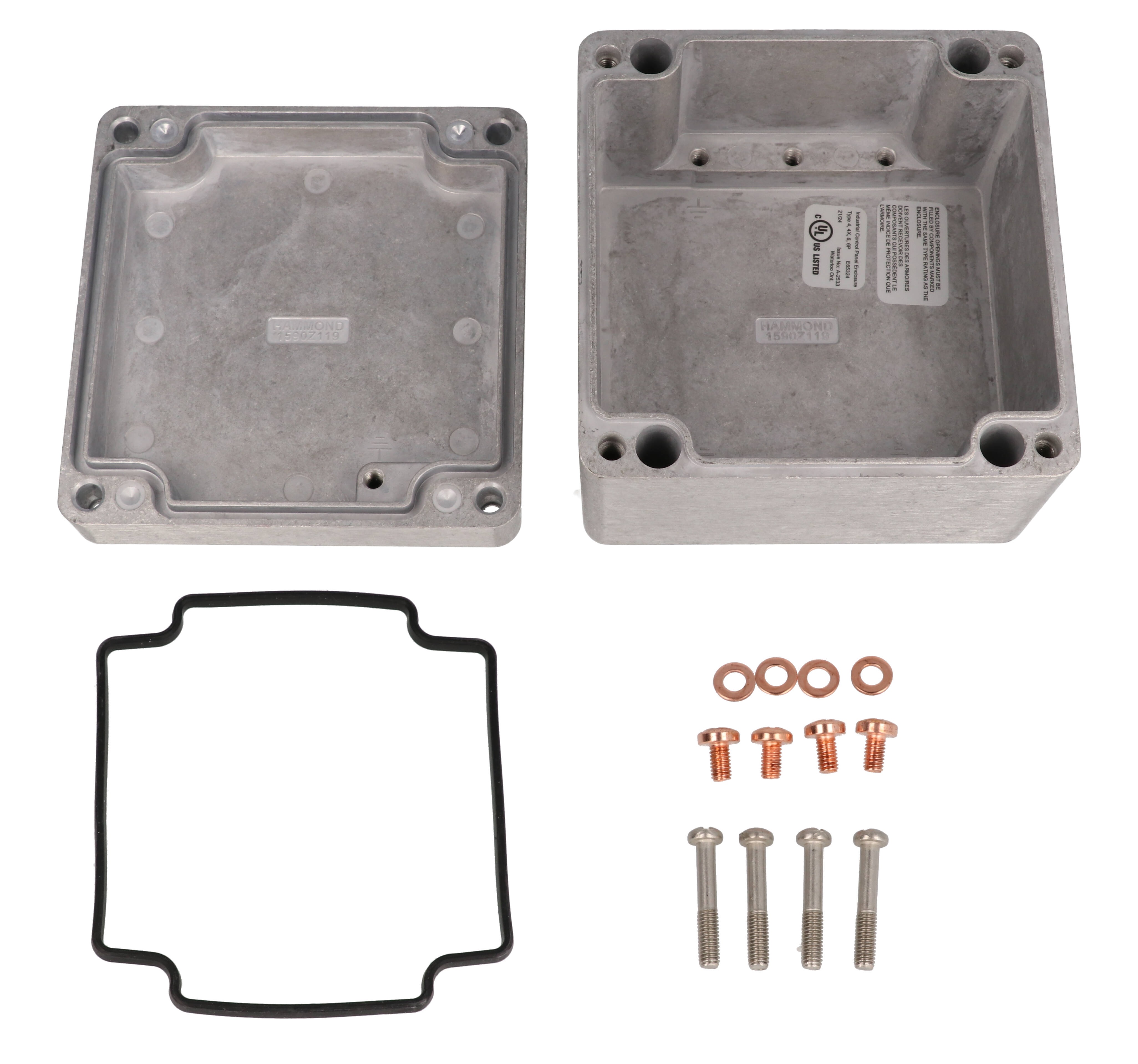 1590Z119 natural (unfinished) aluminum 122 x 120 x 82 mm heavy-duty diecast aluminum enclosure with gasketed lid