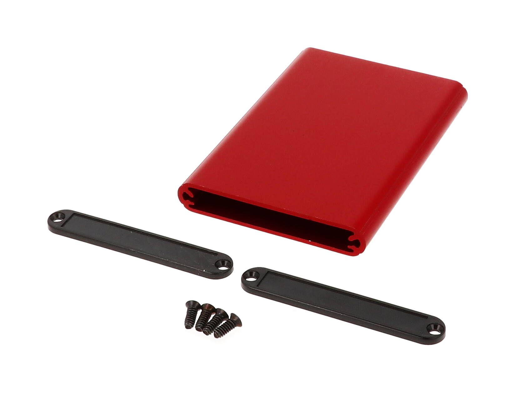 1455A1002RD red anodized extruded aluminum PC board enclosure, 100 x 70 x 12 mm, with black plastic end panels