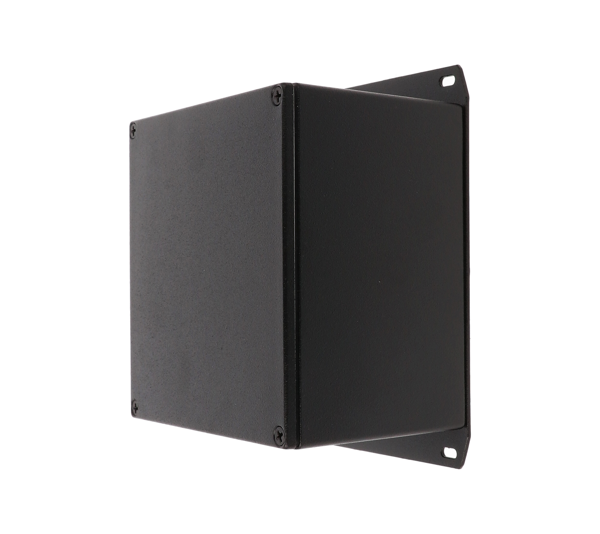 1590WKFBK black textured IP65 watertight diecast enclosure, 125 x 125 x 79 mm, with flanged bottom plate