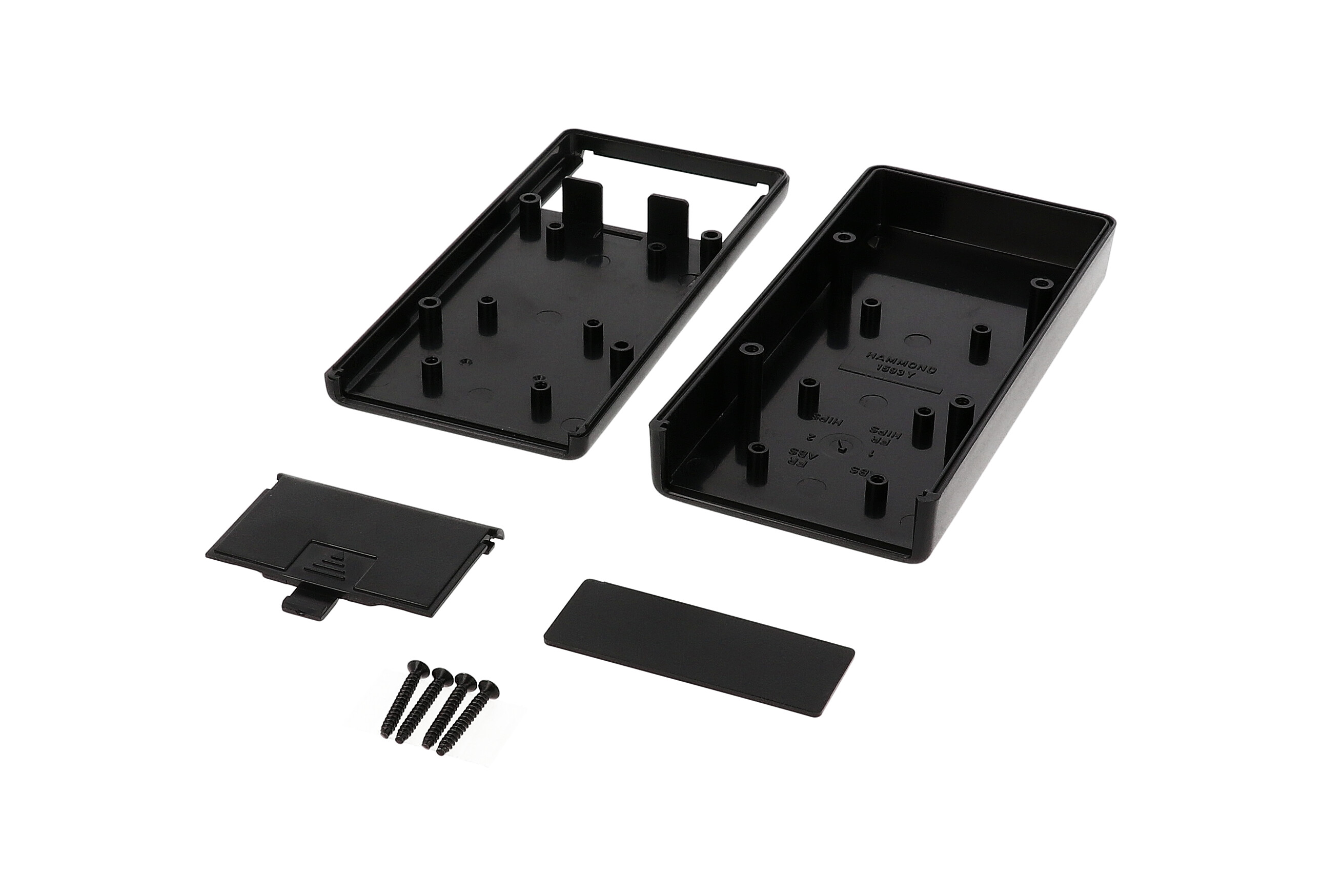 1593YBK black ABS hand held enclosure with battery door, 140 x 66 x 28 mm