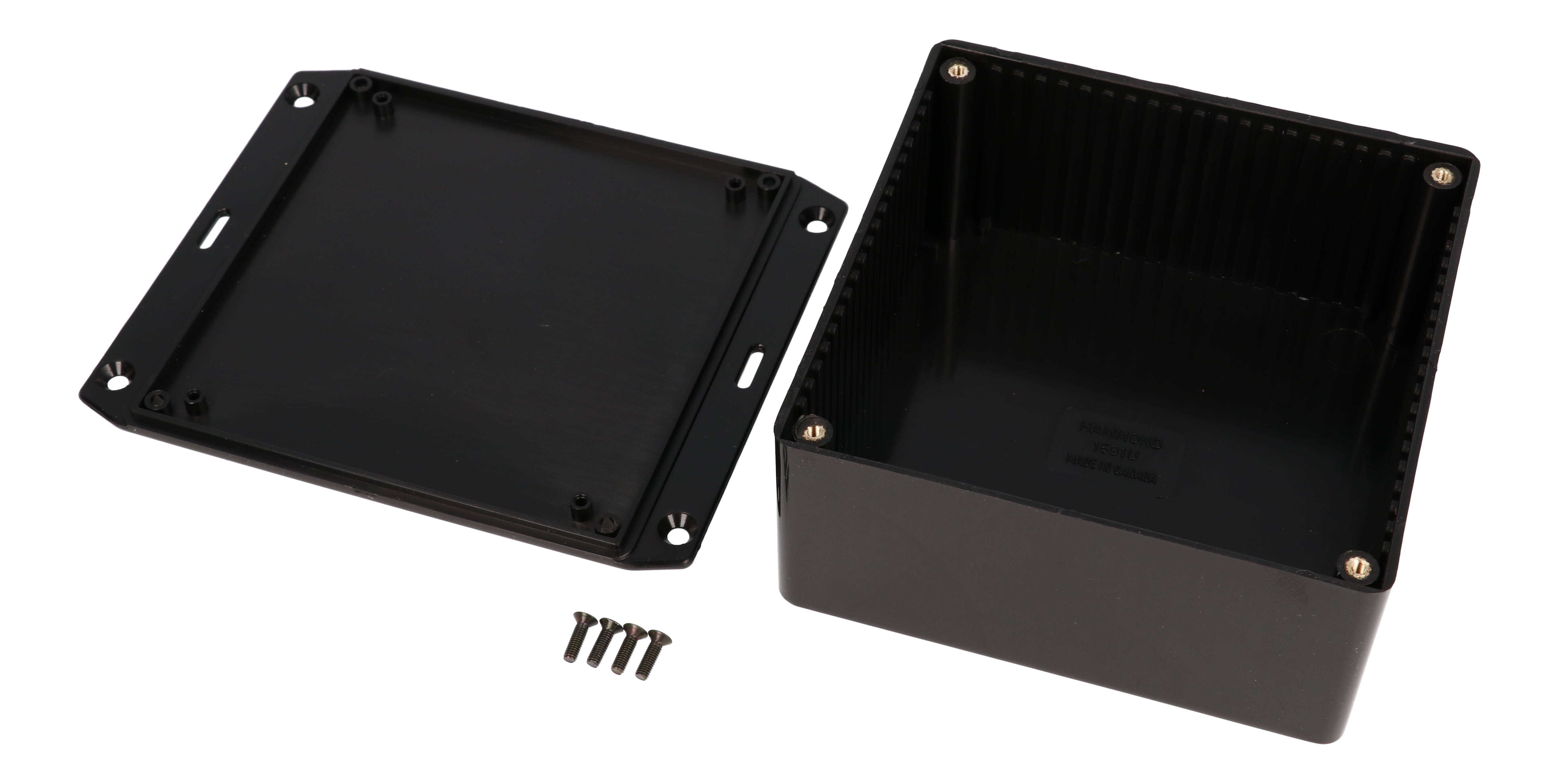 1591UFLBK black flame retardant ABS enclosure with flanged wall mounting lid, 120 x 120 x 59 mm