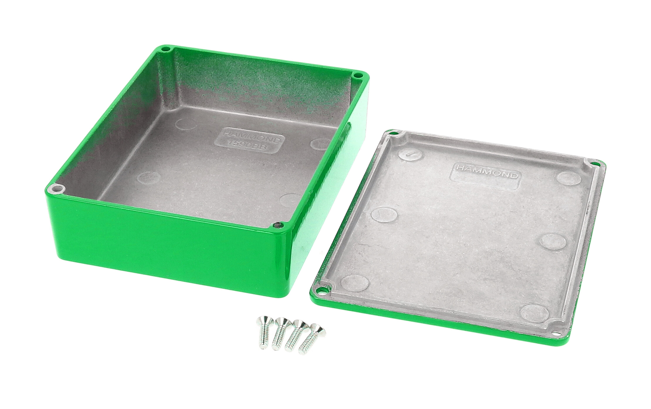 1590BBGR green powder coated diecast aluminum stomp box enclosure, 120 x 94 x 34 mm, with lid