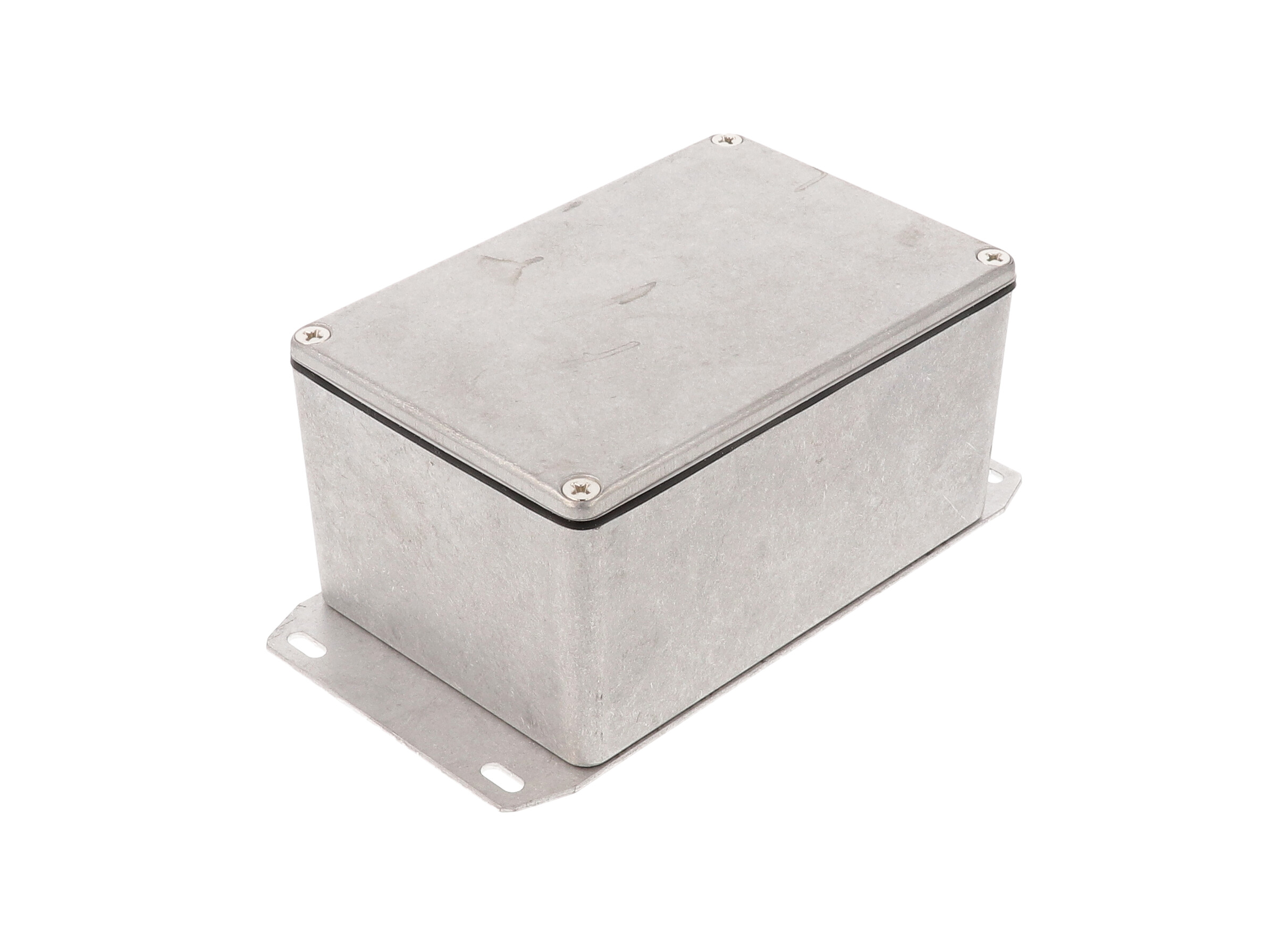 1590WTF natural aluminum IP65 water-tight diecast aluminum enclosure with a welded flanged bottom plate, 120x80x59mm