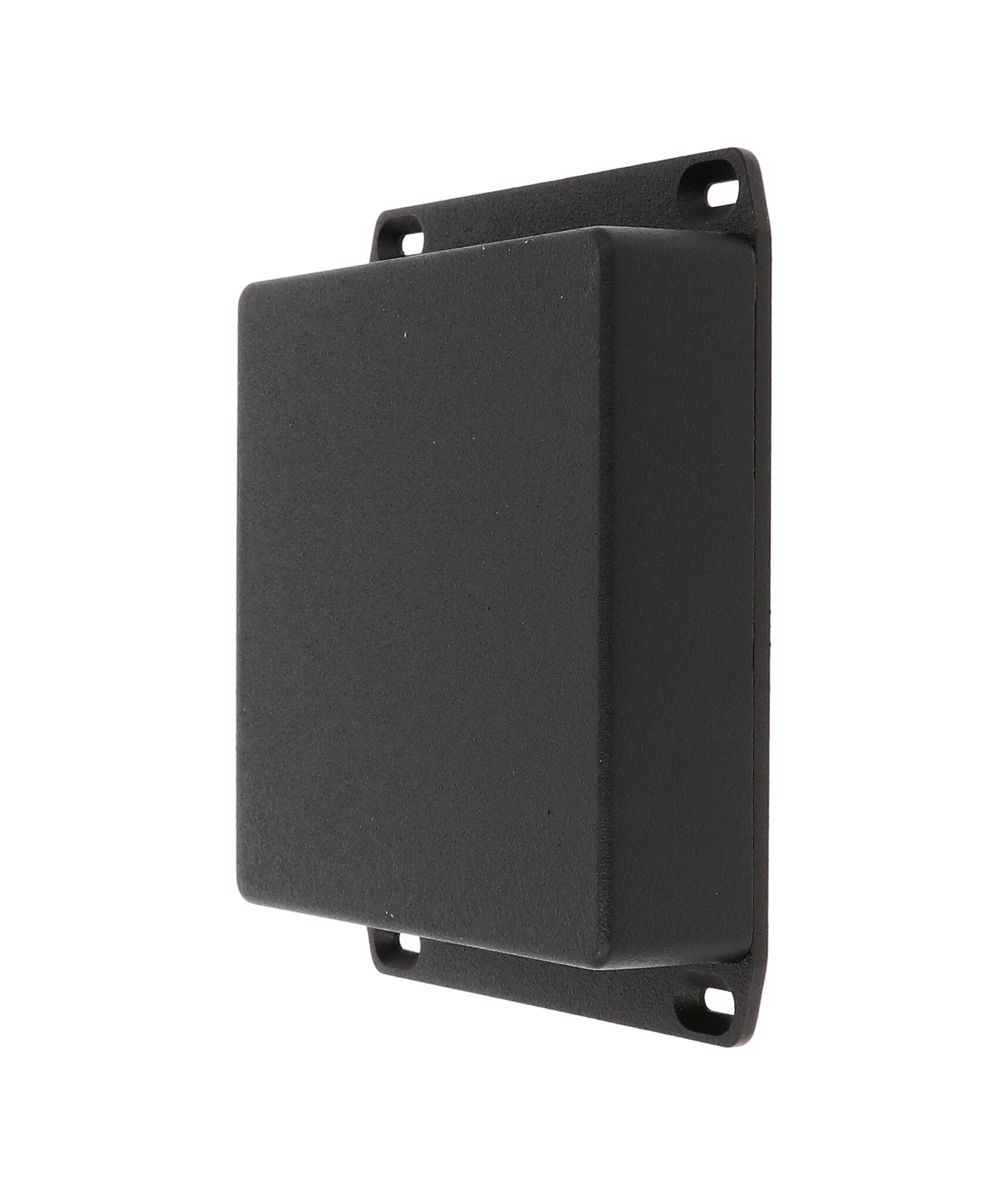 1590QFLBK black diecast aluminum enclosure with wall-mounting flanged lid, 120 x 120 x 34 mm