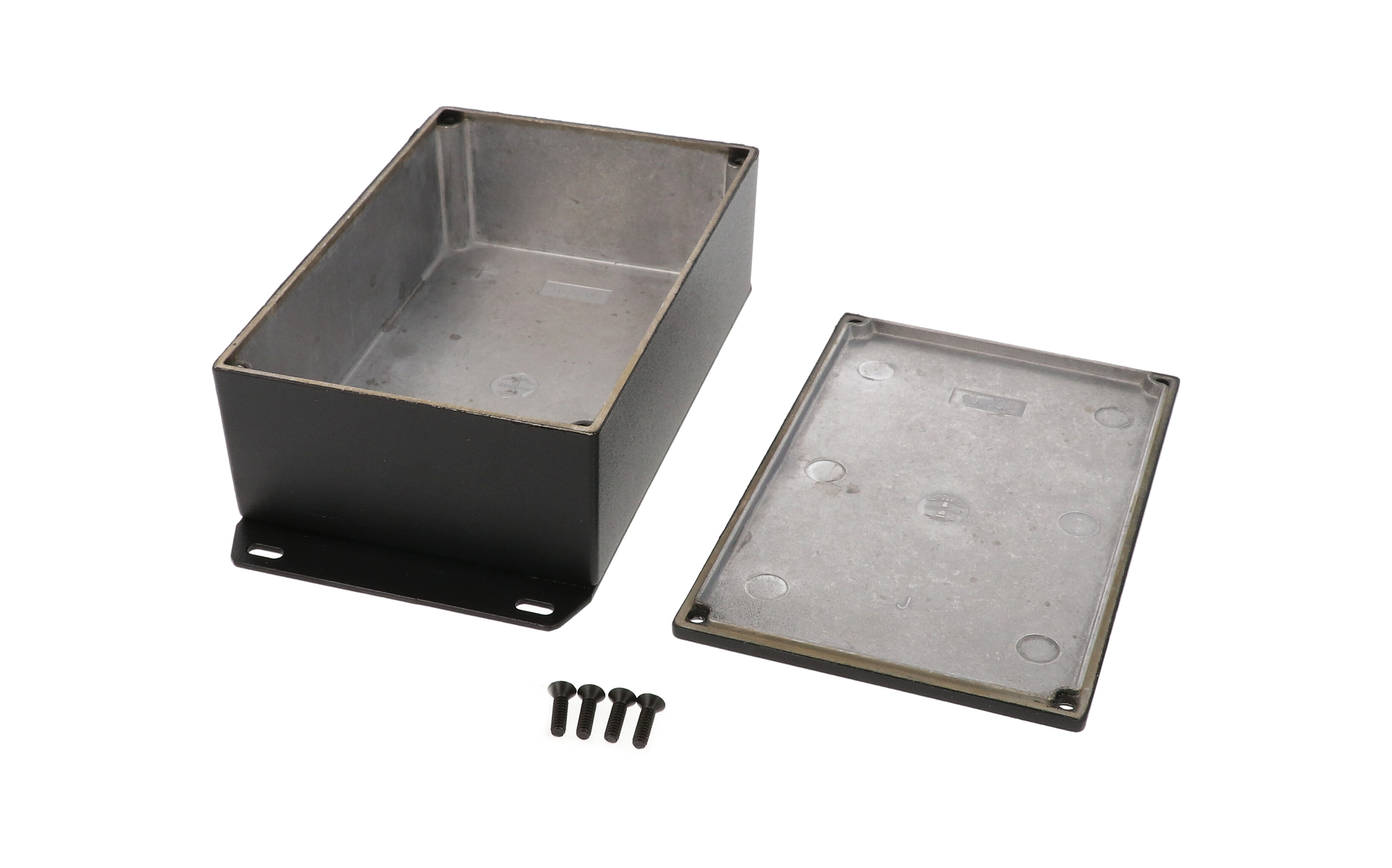 1590JFBK textured black diecast aluminum enclosure with welded bottom flange, 145 x 95 x 49 mm