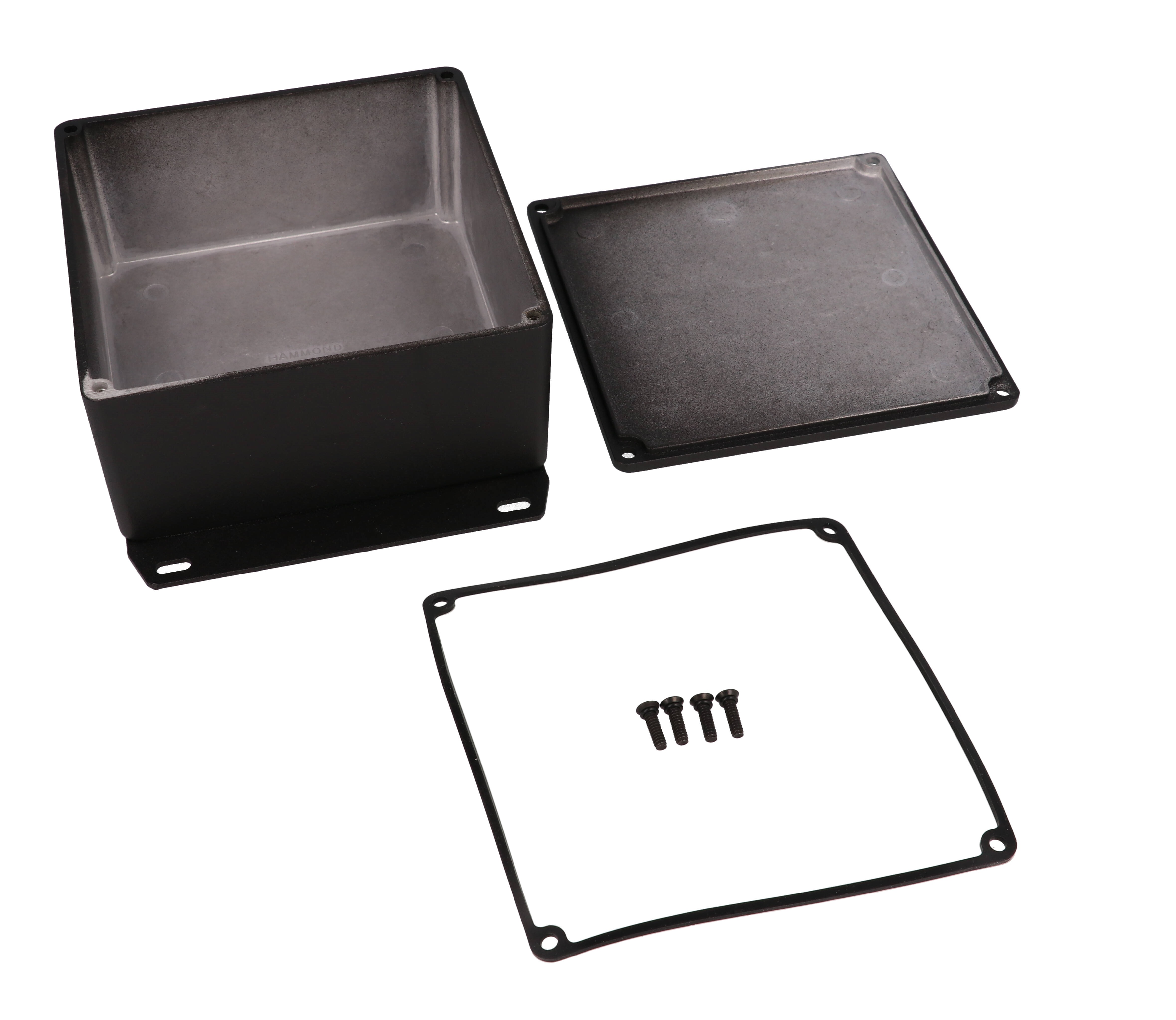 1590WUFBK black textured watertight diecast aluminum enclosure with flanged bottom plate, 120 mm x 120 mm x 59 mm