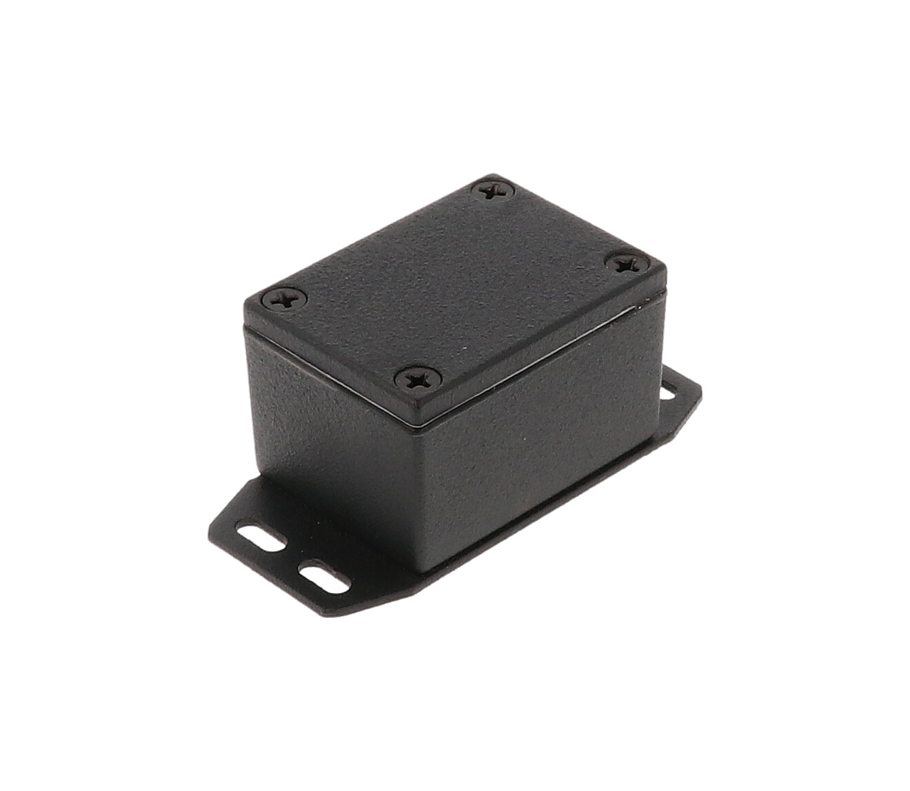 1590WHFBK black textured IP65 watertight diecast enclosure, 53 x 38 x 31 mm, with flanged bottom plate